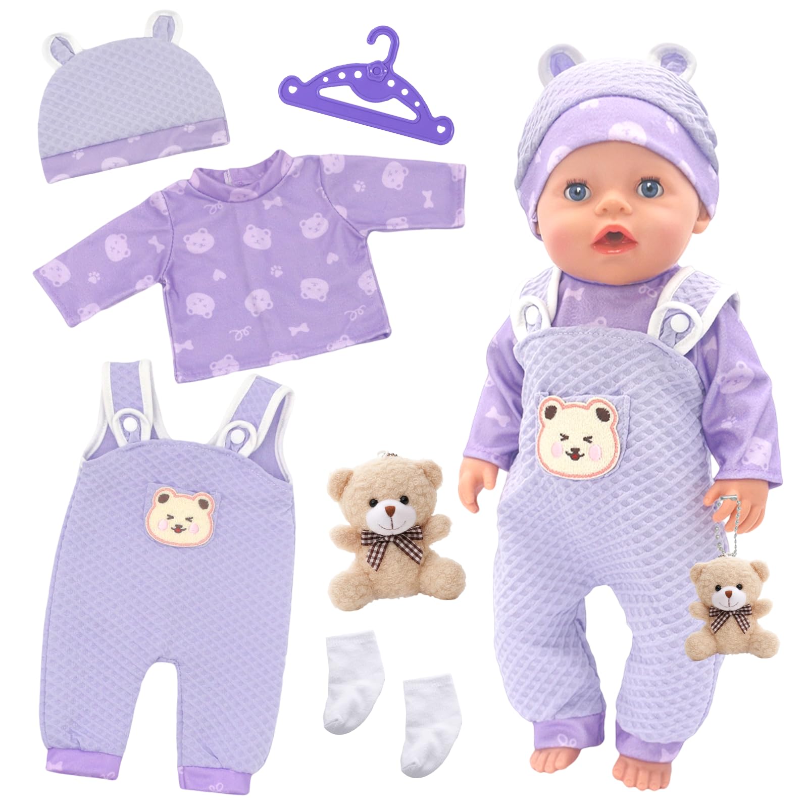 Baby Doll Clothes Set for 14–17 Inch Dolls, 6Pcs Purple Doll Outfit with Purple Top, Bear Overall, Bear Hat, White Socks, Doll Hanger & Charm, 35–43 cm Cute Doll Clothes Set, Gift for Kids