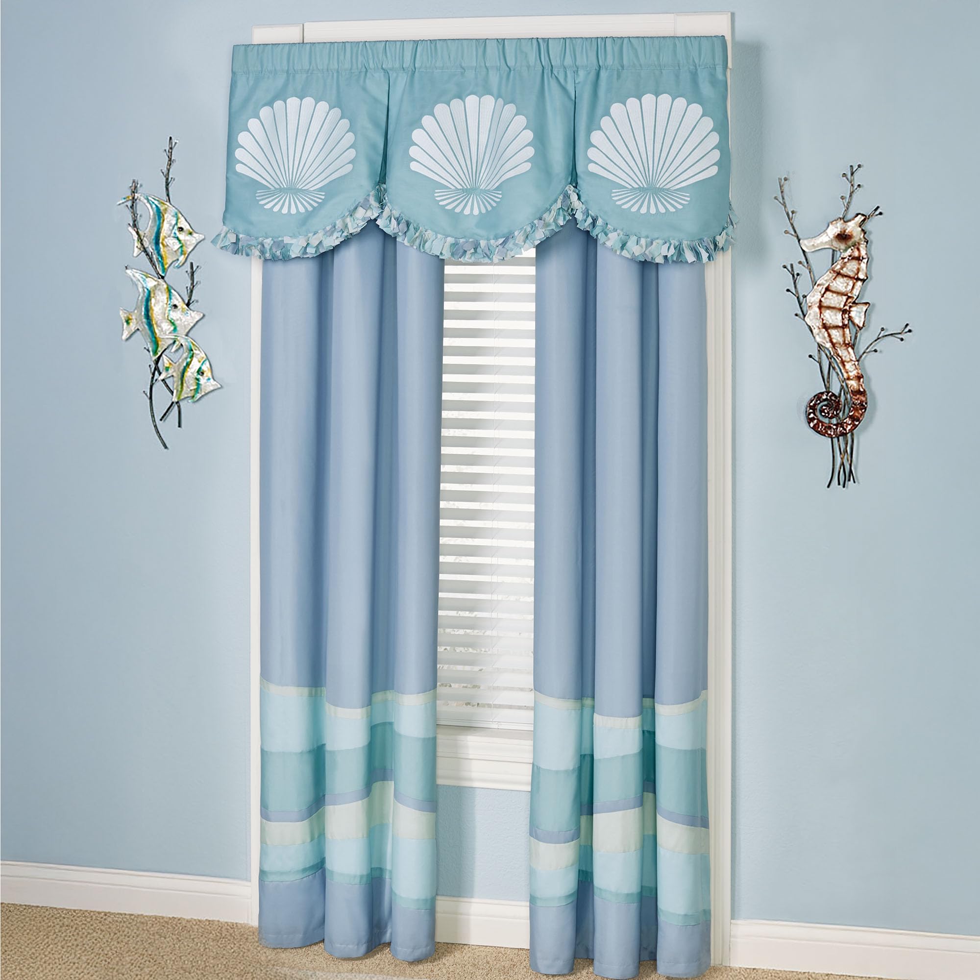 Ocean Tides II Lined Window Treatments | Coastal Colors | Embroidered Shells & Wave Bands | Machine Washable Polyester Microfiber | Drapery Set Includes Scalloped Seashell Valance & 84L Curtain Pair