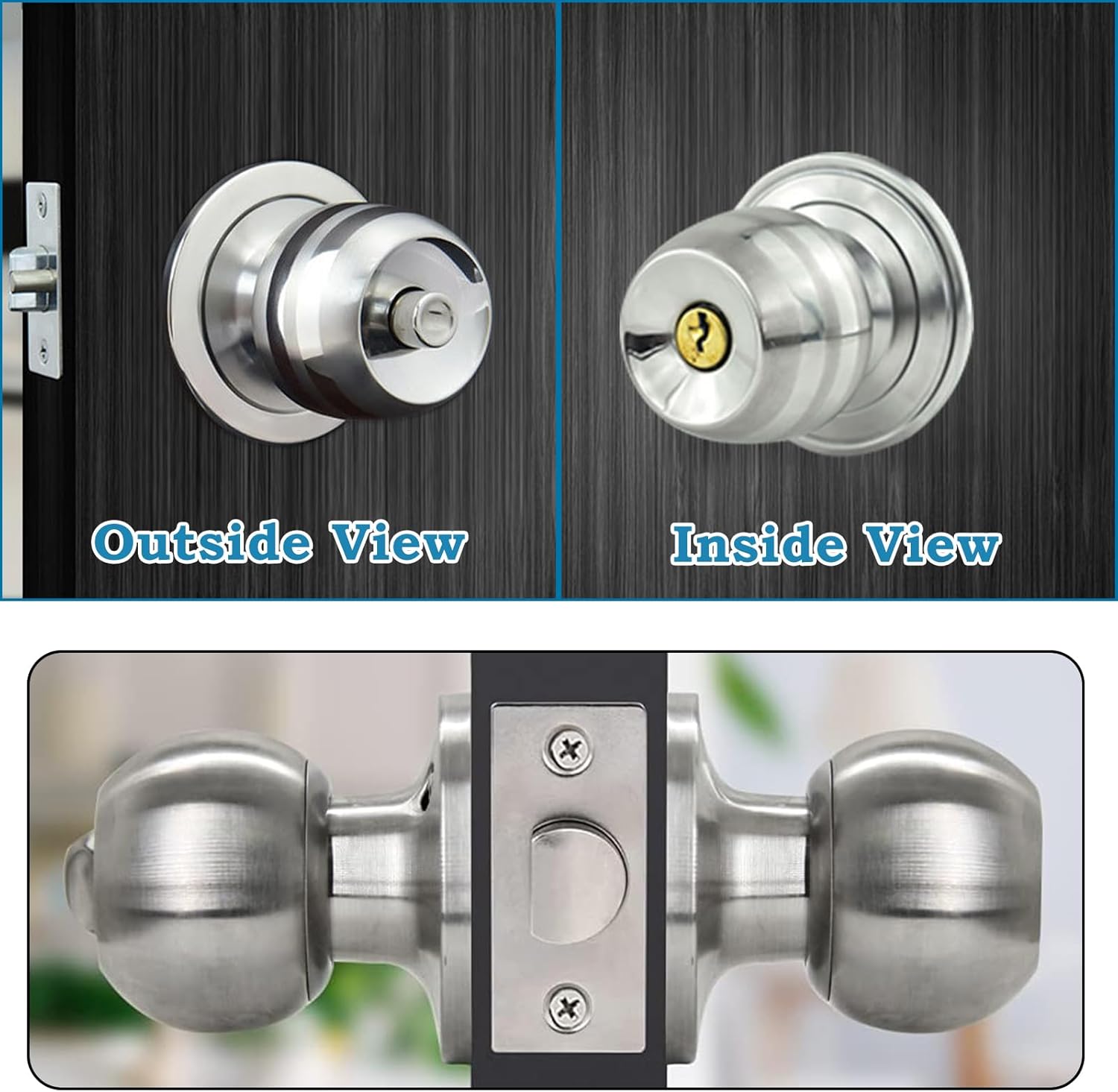 2 Pack Door Knobs Set, Single Cylinder Deadbolt All Keyed Same Entry Door Knob Combo Set with Lock and Keys for Entrance and Front Door, Exterior Round Ball Door Locksets
