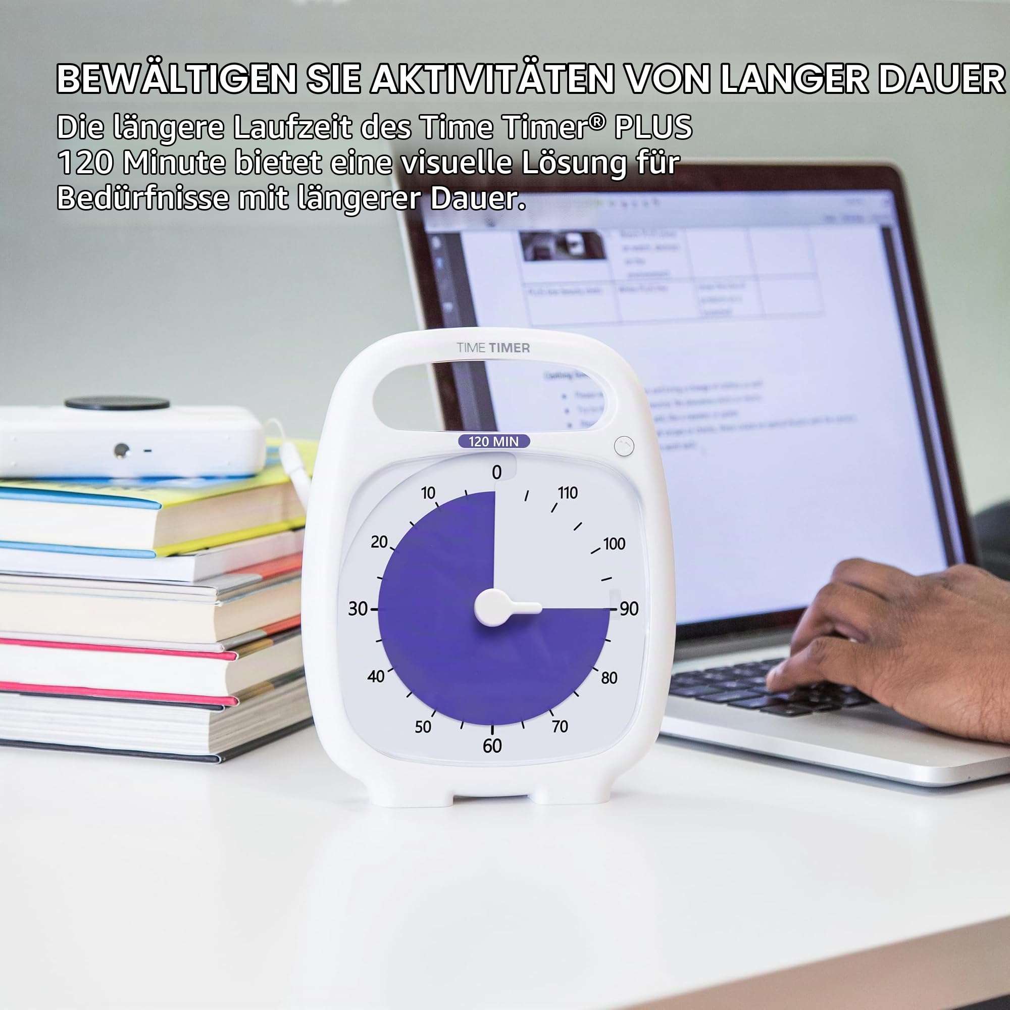 TIME TIMER PLUS 120-Minuten Visueller Analog Timer Uhr - Optionaler Aktustischer Alarm (Lautstärkeregler) Kein lautes Ticken; Zeitmanagement-Tool (Weiß)