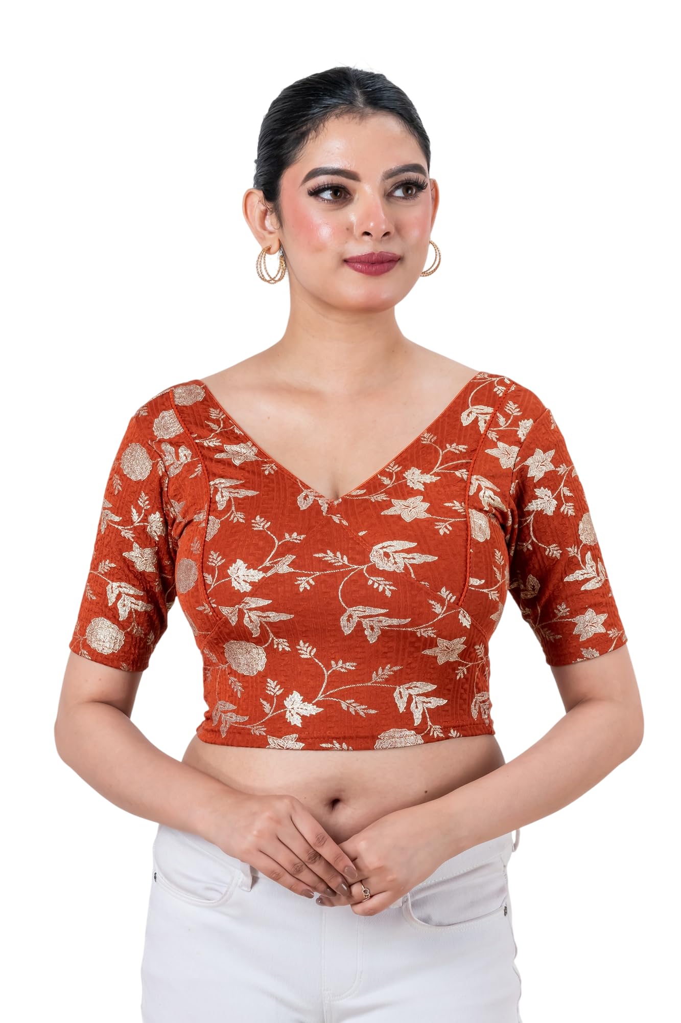 Women's Self Jacquard Stretchable Blouse with Zari Foil Print | Readymade Saree Blouse | Half Sleeves | Sweetheart Neck | Deep U Back-image-44