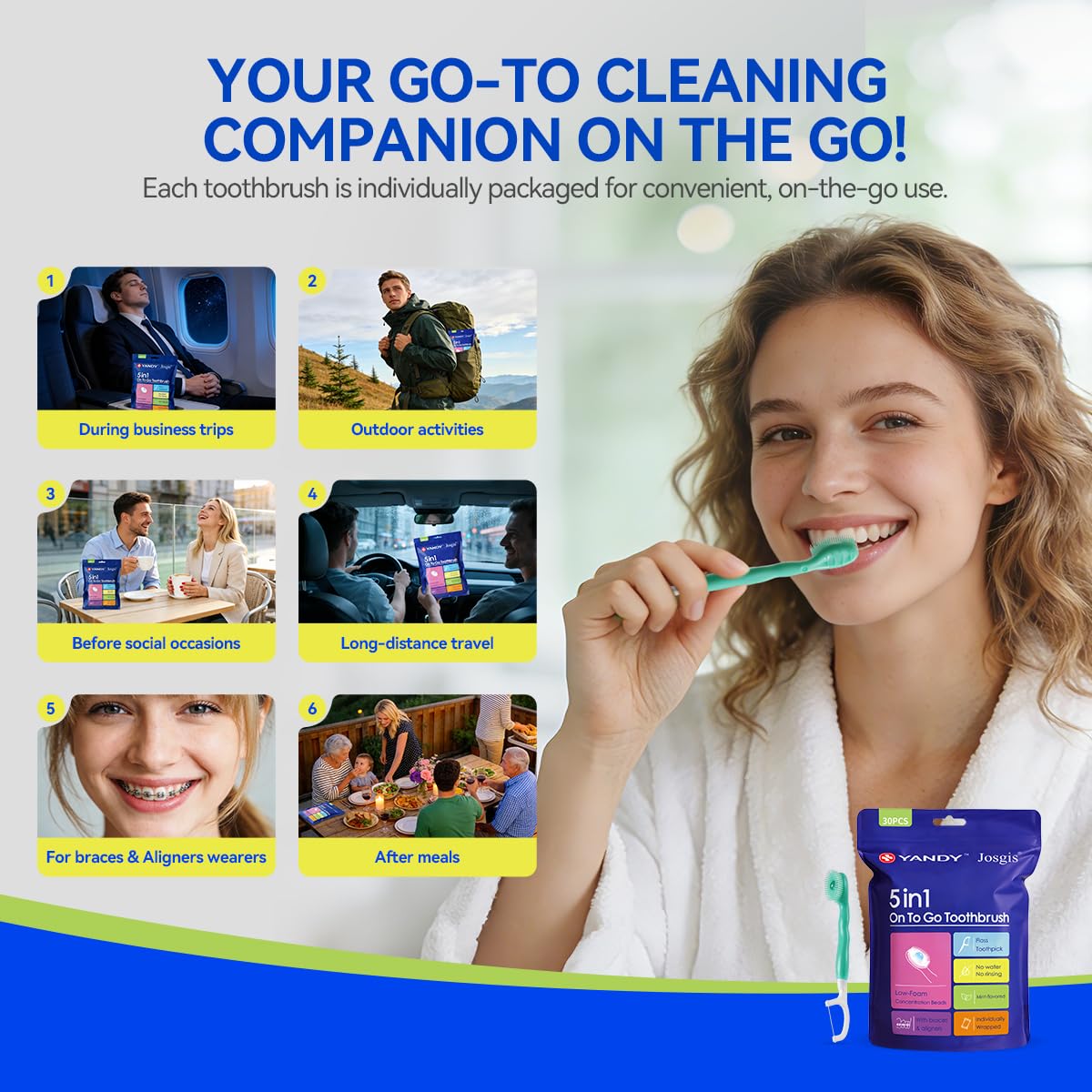 Cepillo de dientes desechable de viaje, paquete de 30 envueltos individualmente, cuidado bucal todo en uno con cuentas refrescantes de menta, no necesita agua, cepillo de dientes para llevar