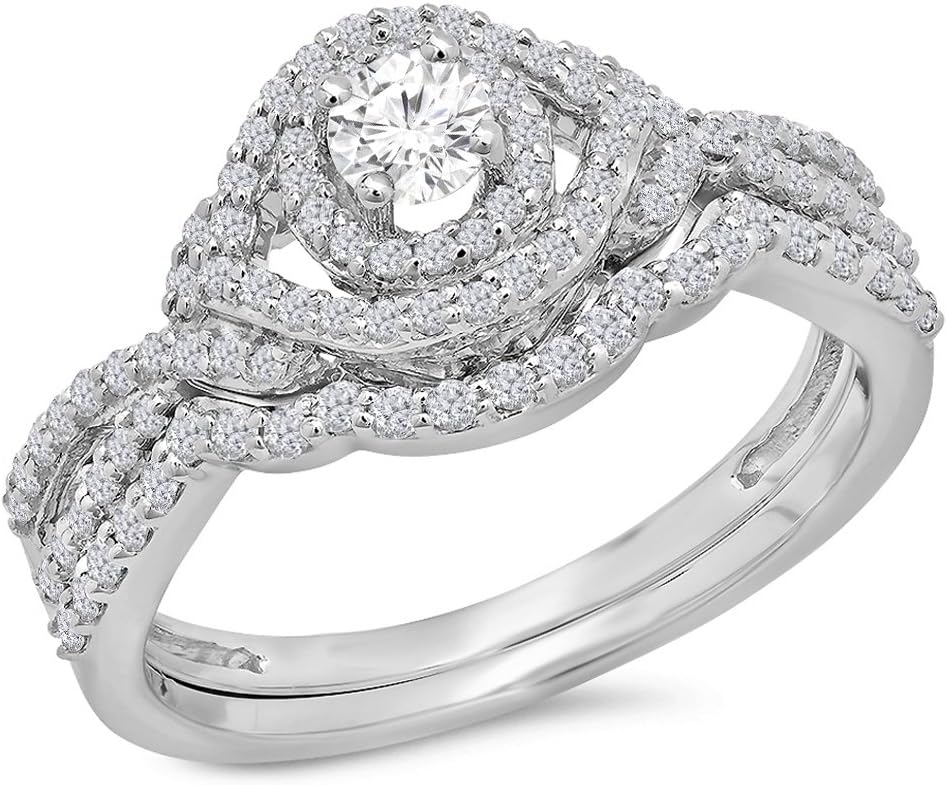 Dazzlingrock Collection 0.75 Ctw 14K Real Solid Gold White Natural Diamond Women Bridal Swirl Halo Split Shank Engagement Ring Set
