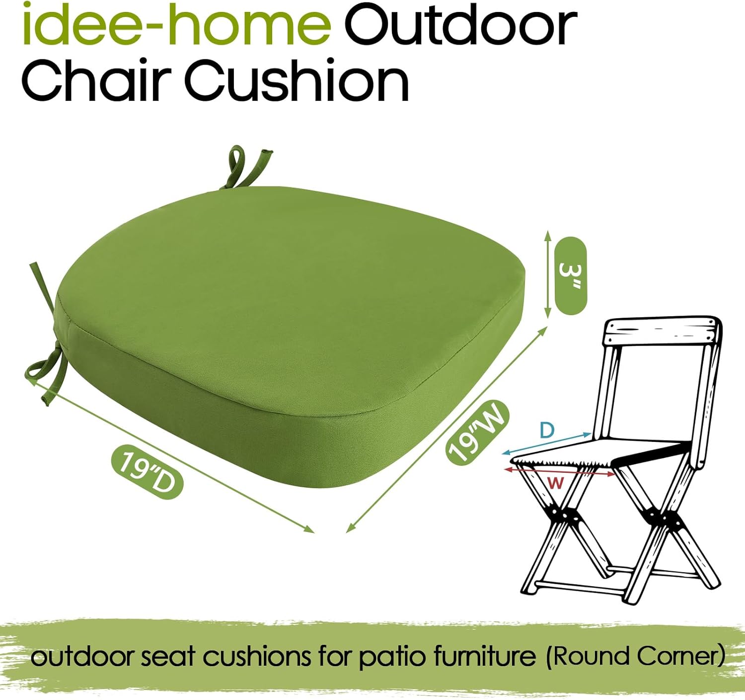 idee-home Outdoor Chair Cushions Set of 2, 19" x 19" x 3" Thick D-Shaped Patio Furniture Outdoor Seat Cushions Waterproof with Ties, Dining Pads