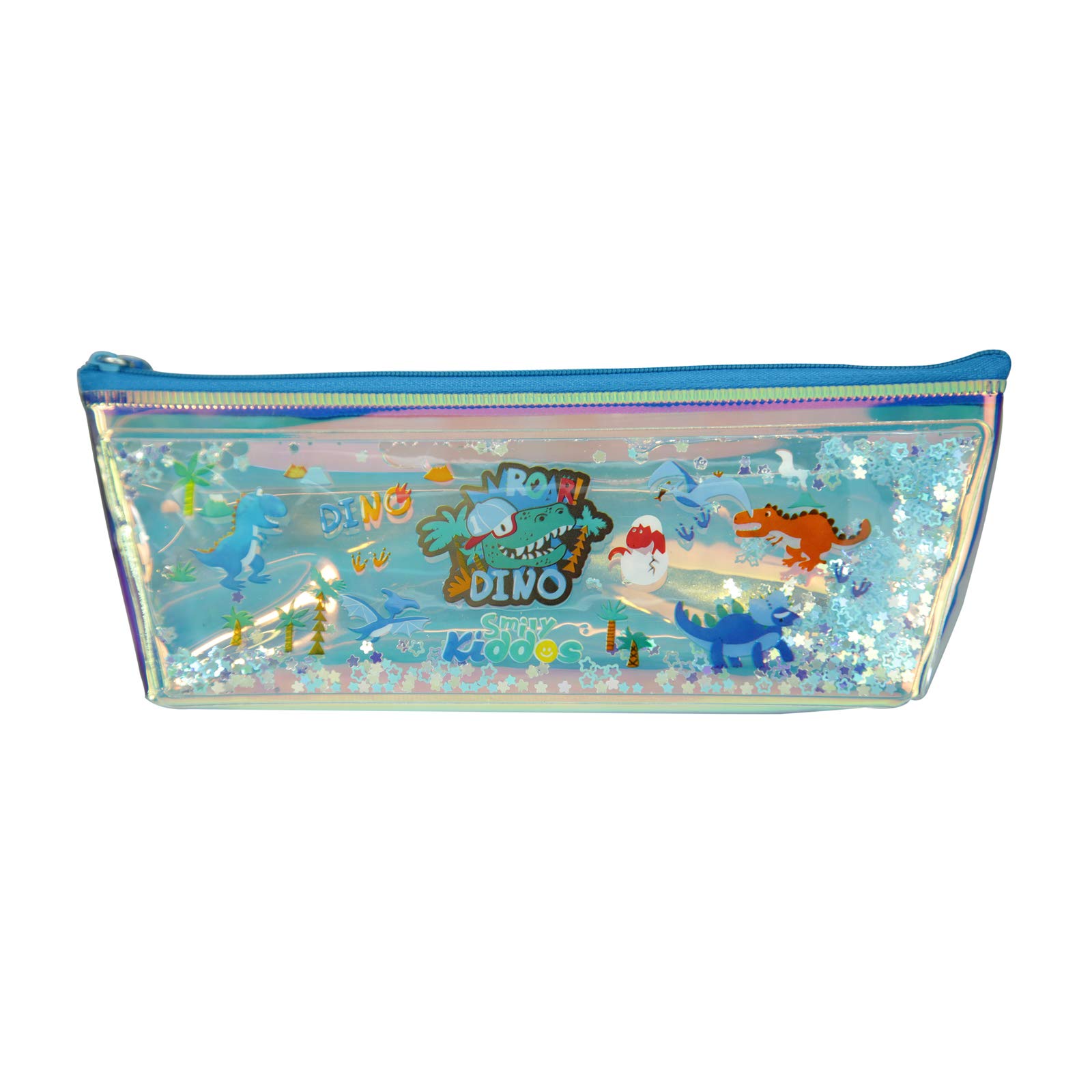 smily kiddos shiny pencil case dino theme water glitter stationery pouch translucent pencil case big multipurpose, holography pencil pouch/case with filled sequin water for kids-Blue