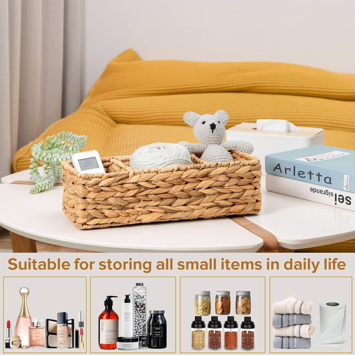 Water Hyacinth Storage Baskets Toilet Basket Tank Topper, Toilet Paper Basket Small Wicker Baskets Wicker Storage Basket, Bathroom Basket Wicker Baskets for Storage with 3-Section, 2 Pack