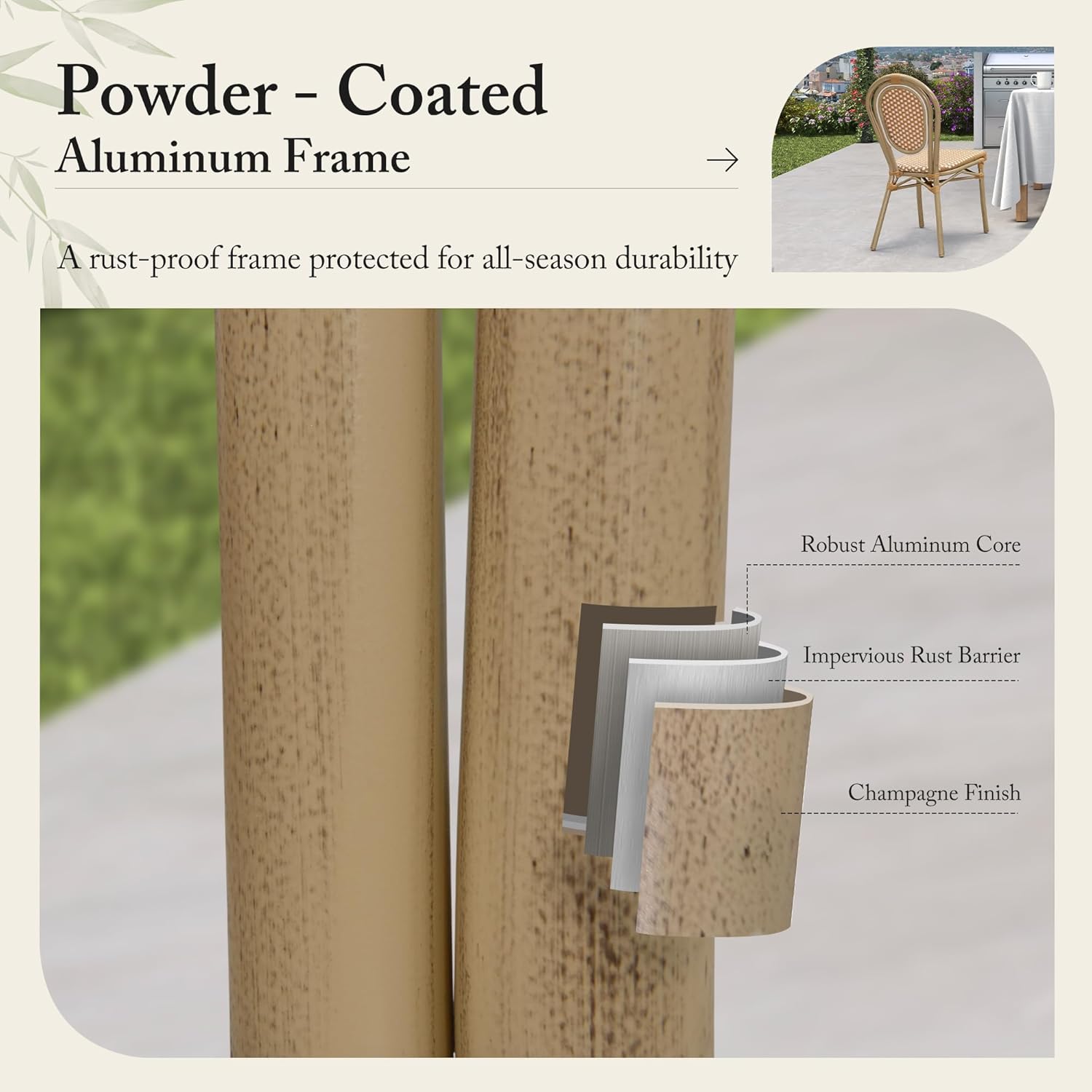 PURPLE LEAF Patio Dining Chair Set of 2 Outdoor French Aluminium Frame in Champagne Finish with Amber & White Woven Rattan for Indoor Kitchen Deck Bistros Cafe Restaurant