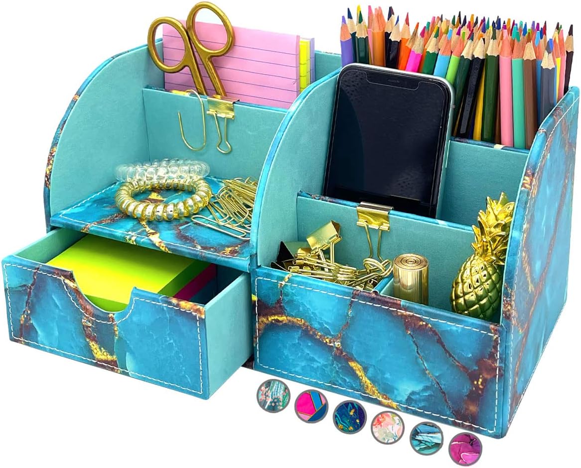 French KOKO Large PU Leather Desk Organizer for Women, Office Desktop Pen Holder Caddy 6 Compartments Drawer Cute Office Supplies Desk Accessories Kids Girls Work Storage