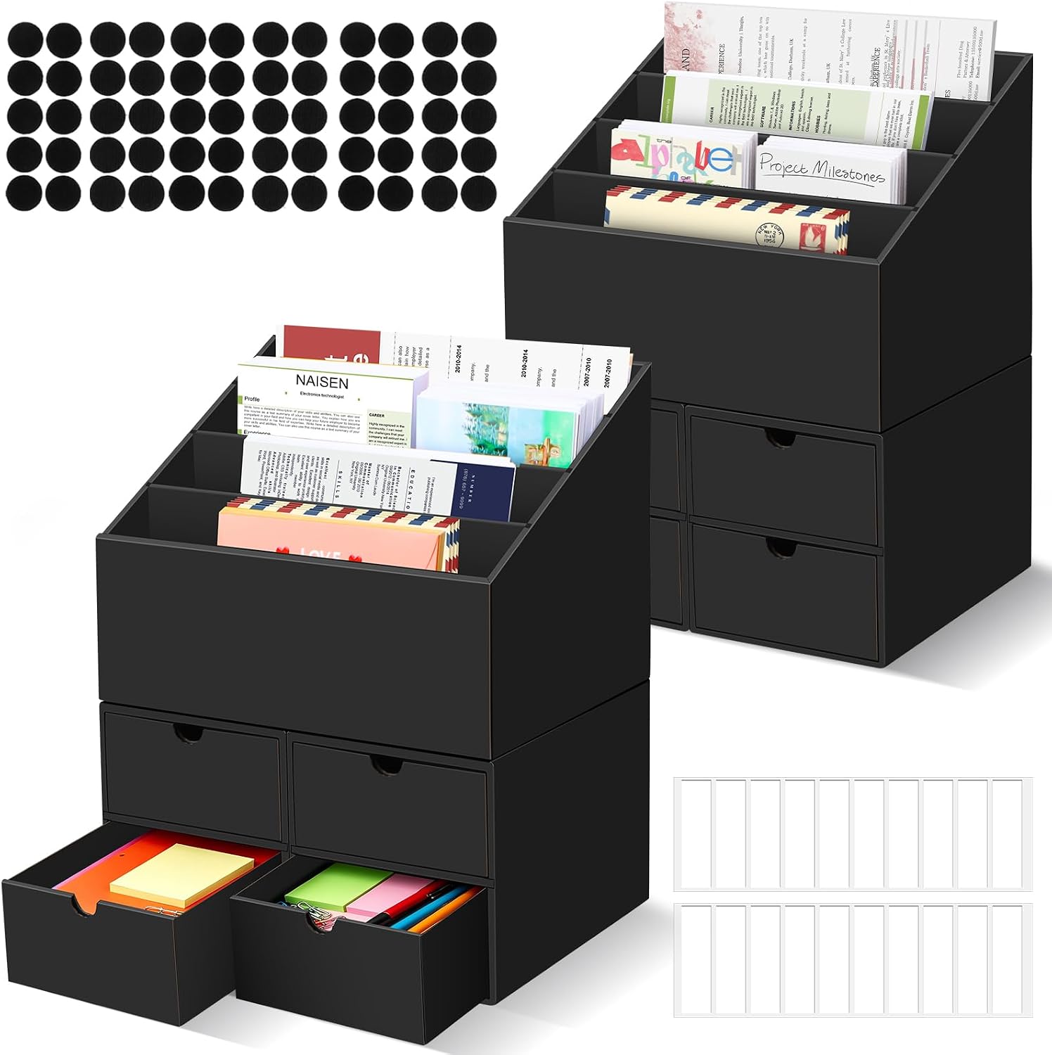 2 Sets Desktop Mail Organizer with Drawers, 4-Compartment Stepped Mail Sorter and 2-Drawer Storage Box for Bills, Letters, Envelopes, Papers, Home Office, Reception, Entryway and Mailroom