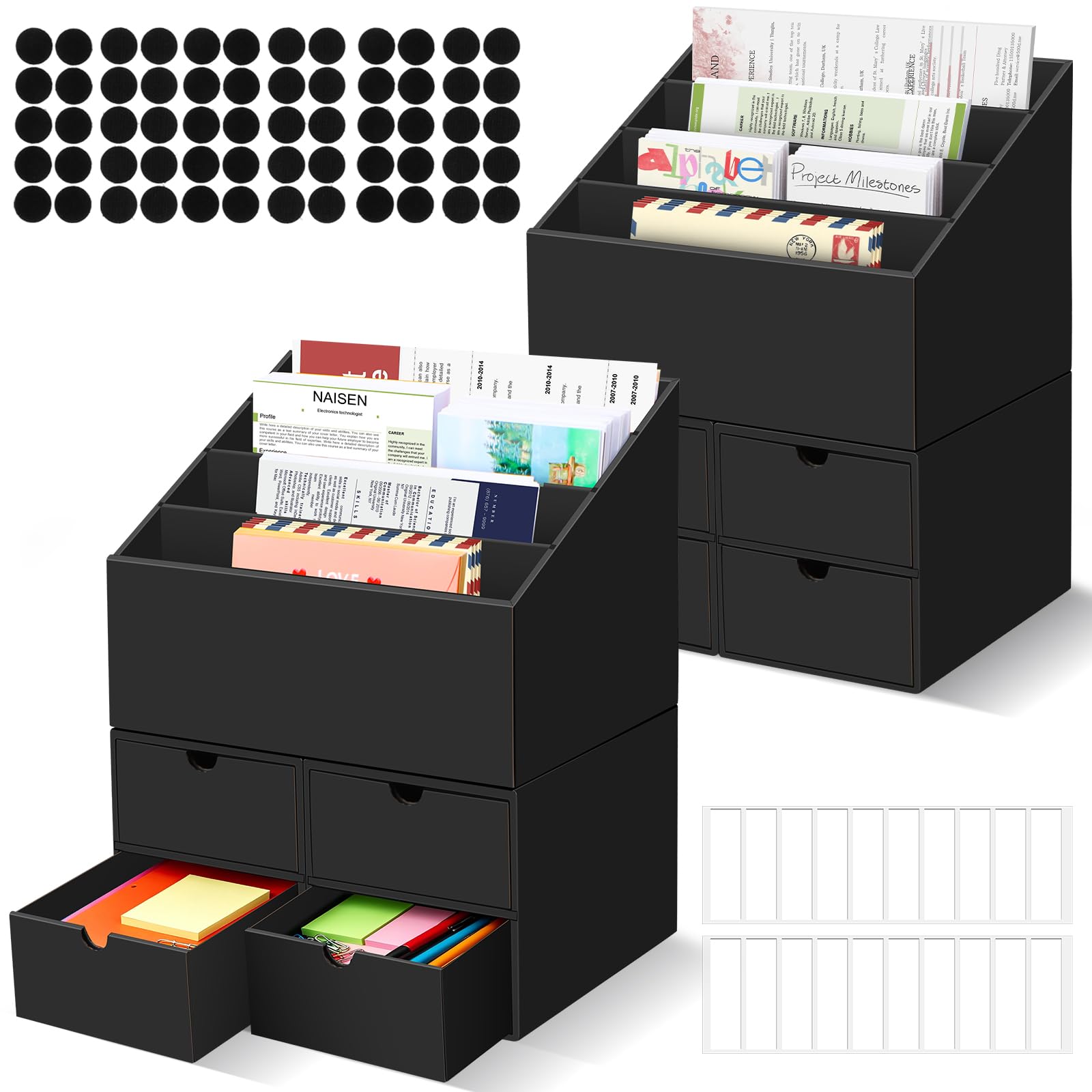 2 Portadocumenti da Scrivania - 4 scomparti e 4 Contenitori con Cassetti Porta Documenti Ufficio Organizer da Scrivania per Casa Ufficio Scuola e Studio, Nero