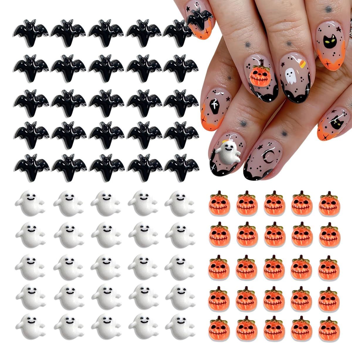 75Pcs Halloween Nail Charms Bat Pumpkin Ghost Nail Charms 3D Resin Black Nail Charm Halloween Charms for Nails Design Cute Nail Art Supplies for