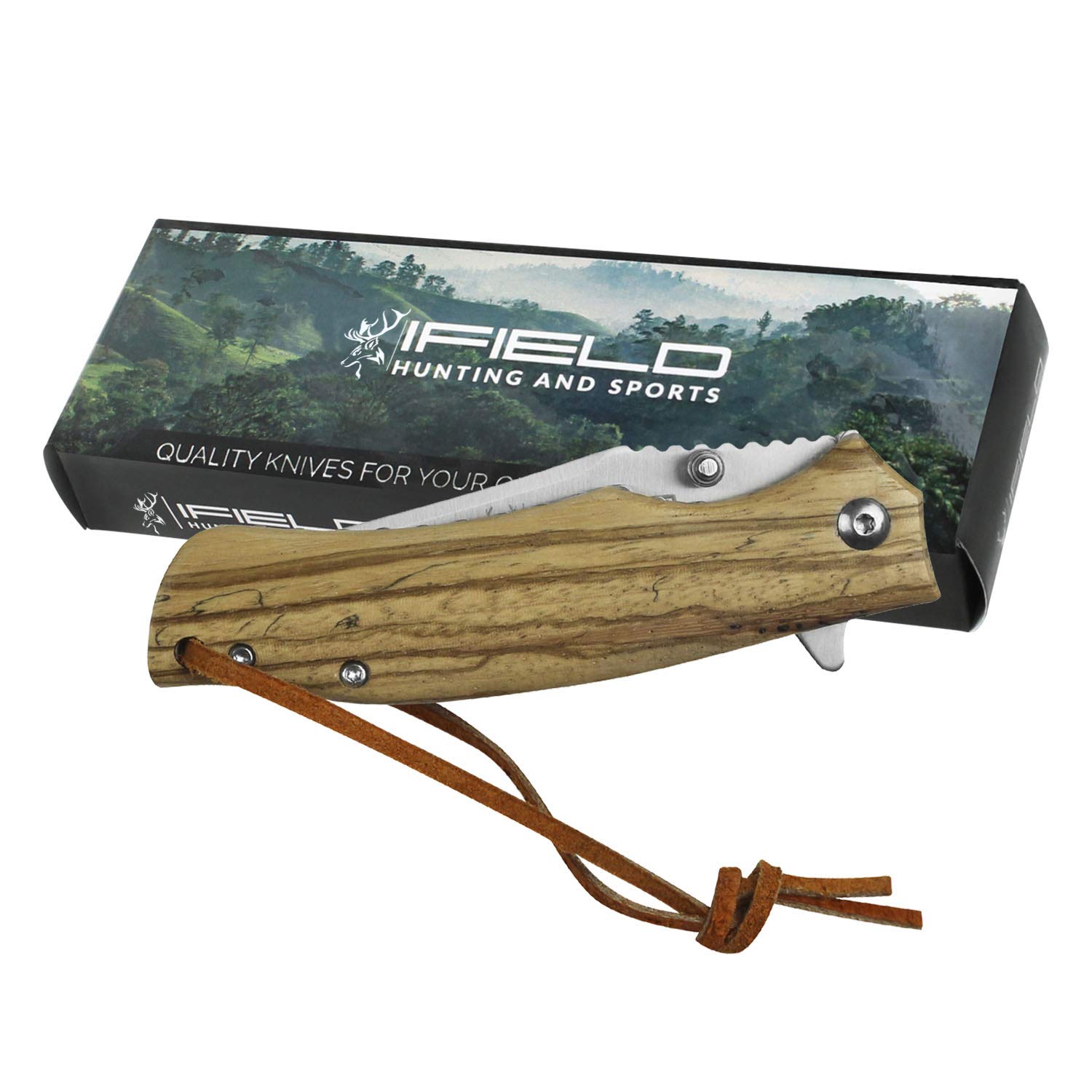 iFIELD EL29040 Coltello da caccia pieghevole Bushcraft Sopravvivenza Escursionismo Campeggio, lama in acciaio inox con manico in legno Zebra, Made in Albacete (Spagna)