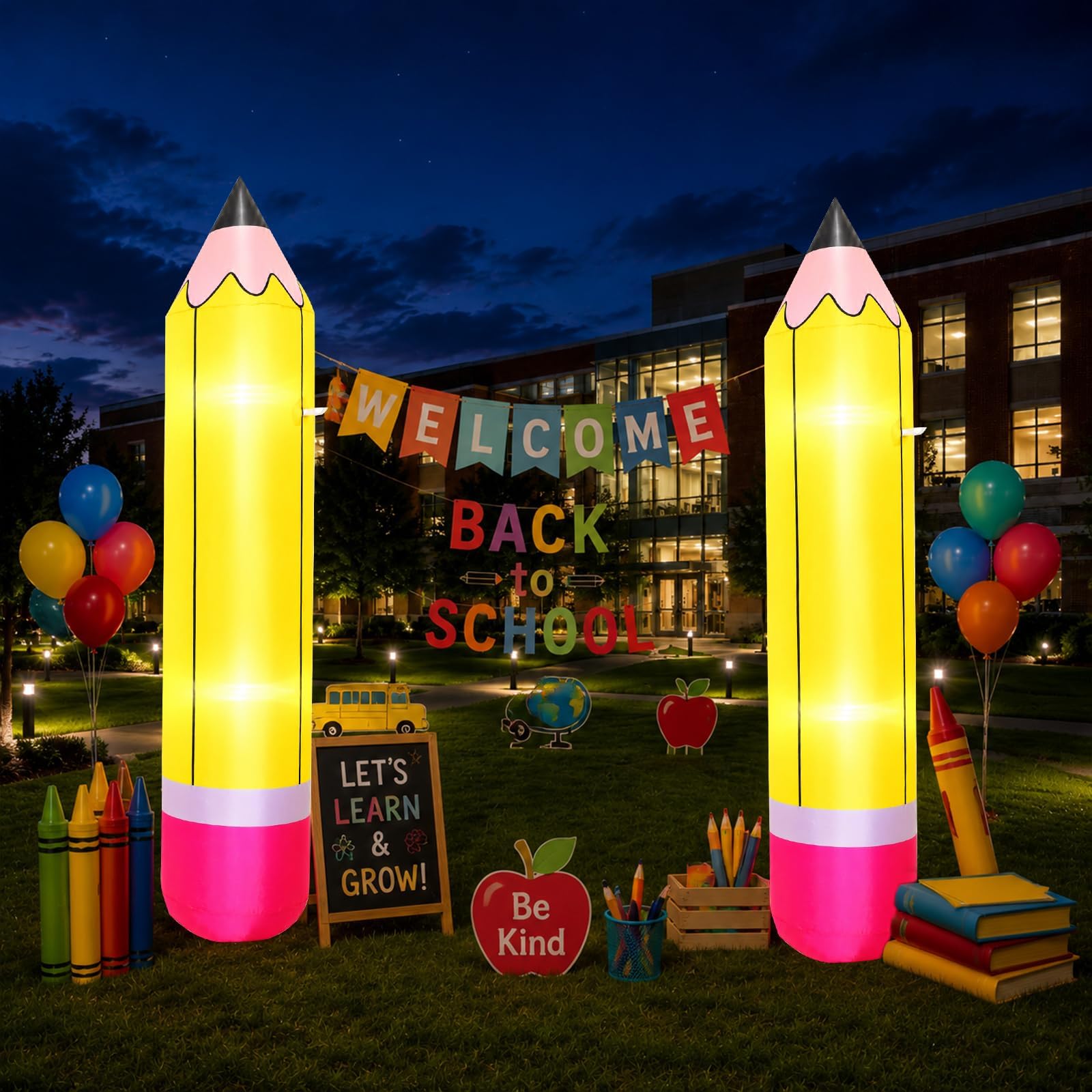 1,8 m Bleistift aufblasbare Riesenbleistifte beleuchtete aufblasbare Dekoration zurück zur Schule Dekoration Eingebauter LED Blow Up Bleistift aufblasbar für den ersten Schultag Rasen Hof Kindergarten