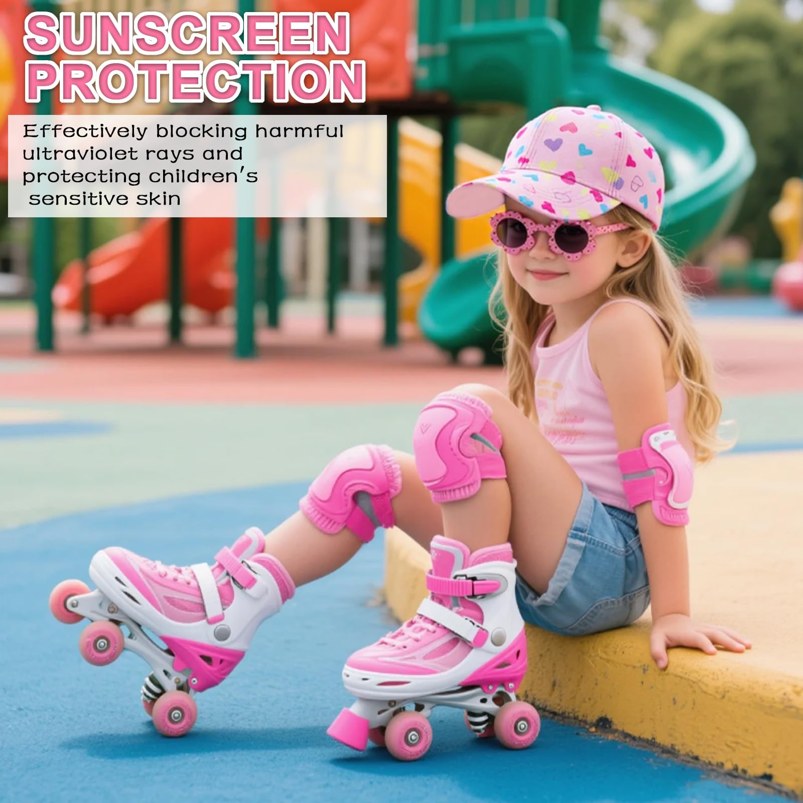 Gorra de niña con Visera + Gafas de Sol Florales Set de Verano Transpirable Ajustable 52-56 cm Rosa