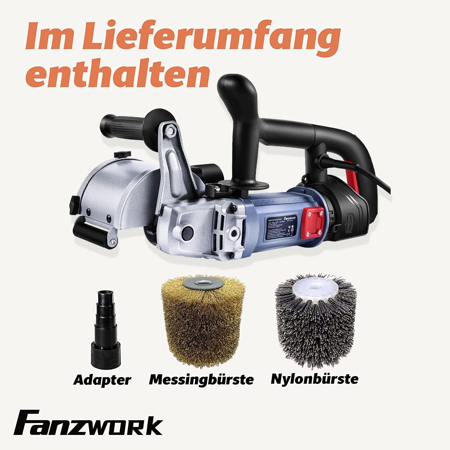 FANZWORK V2 1500 Watt Satiniermaschine Schleifmaschine Bürstenschleifgerät zur Renovierung von Oberflächen, mit Staubsaugung-Anschluss, Drehzahlregelung, Kugelgriff, Stahldraht & Nylon Bürste