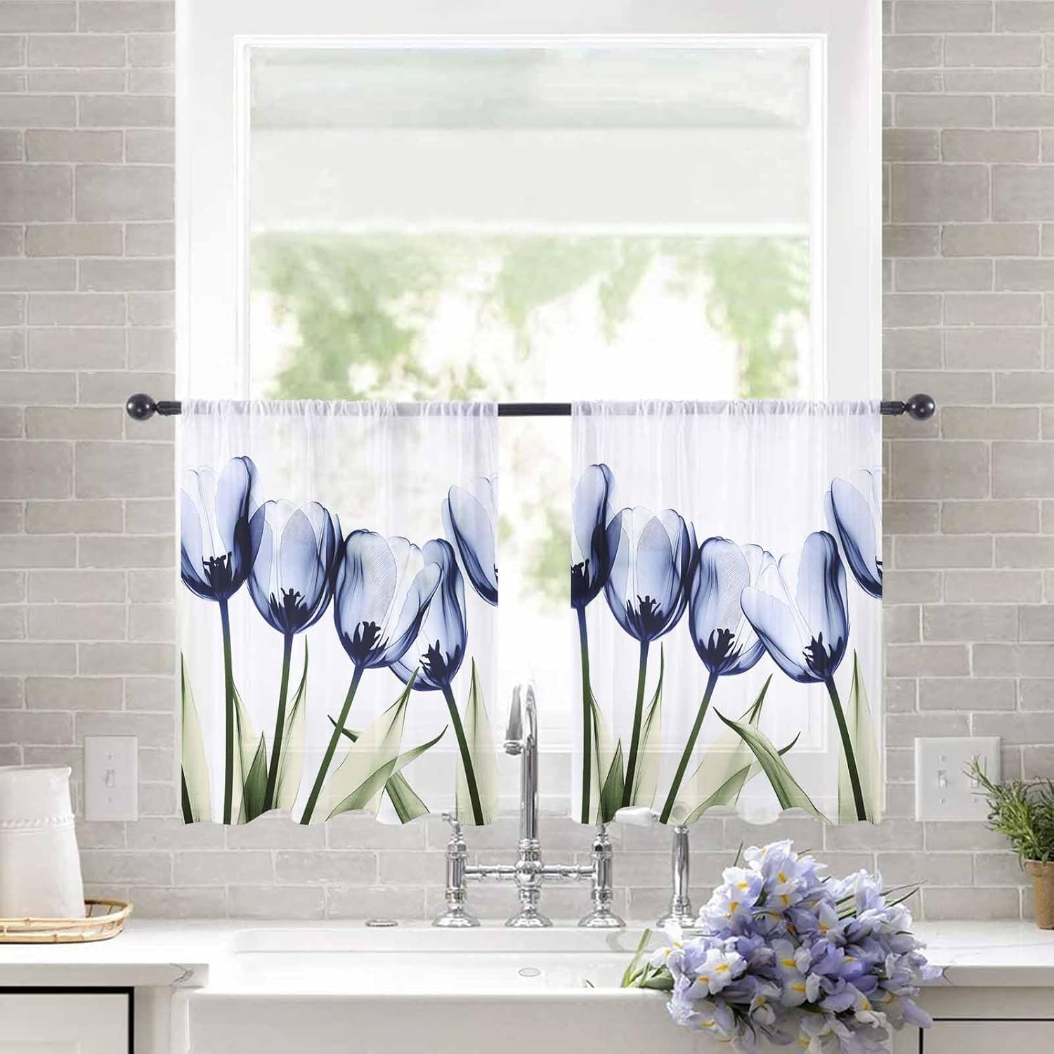 Semi Sheer Curtains 54" Long, Light Filter Window Treatments Curtain Vintage Tulip Blue Flowers Transparent Ray Rod Pocket Drapes for Kitchen Living Room Bedroom Decor 2 Panels