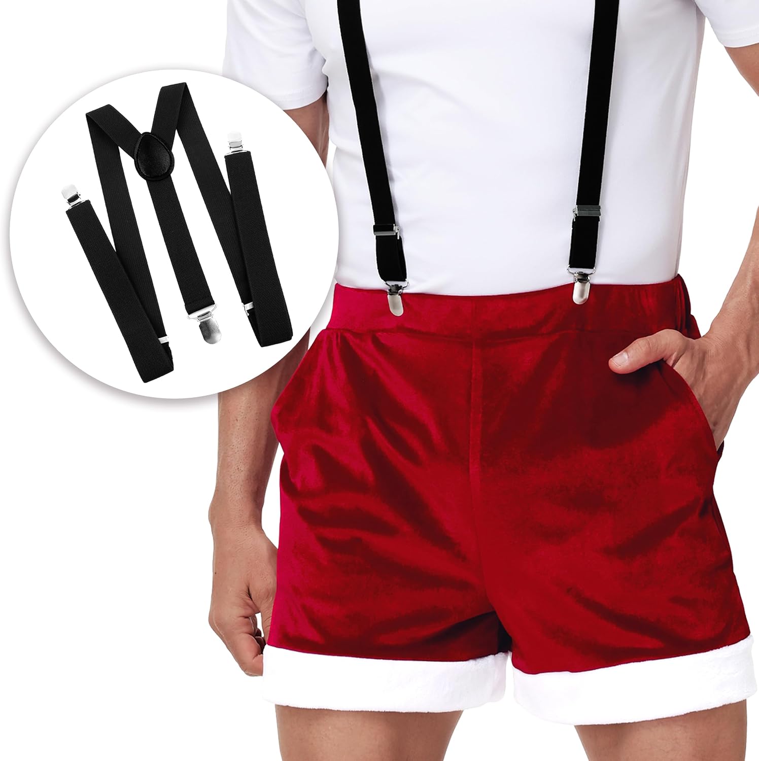 Christmas Mens Red Suspender Shorts Xmas Elastic Waist Shorts with Pockets