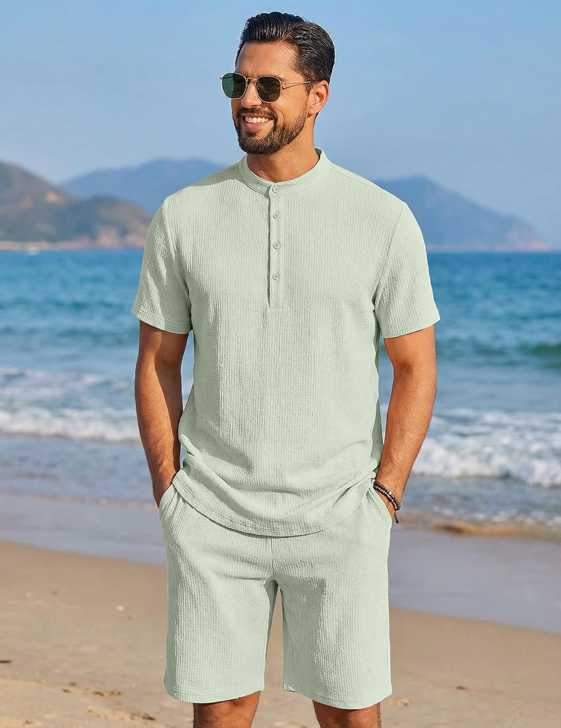 COOFANDY Men's Summer Beach Outfits 2 Piece Casual Textured Henley Shirt and Shorts Set