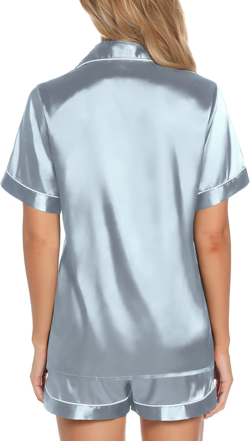 Samring Women's Silk Satin Pajamas Set Short Sleeve Sleepwear Two Piece Button Down Pj Set with Pockets S-XXL - Image 4