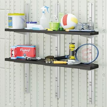 Suncast Shed 2-Shelf, Wall Mounted Storage Shelving, Heavy Duty Resin for Outdoor Sheds Space Saving Organization System for Garden Tools, 50 W x 11.25 D x 46.75 H, Black