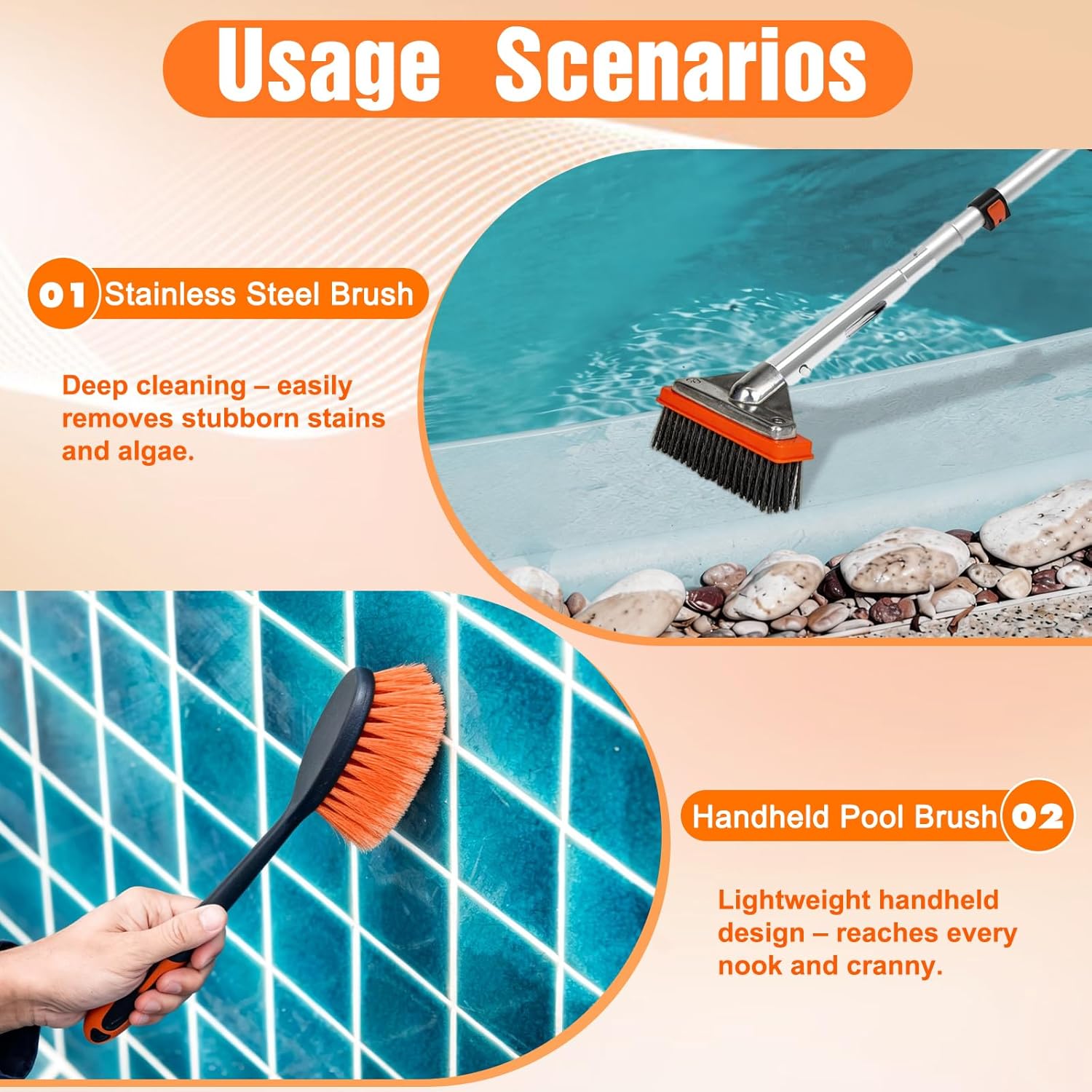 4-in-1 Pool Brush with Pole, Heavy Duty 18" Pool Brush Head, 5" Stainless Steel Brush and Hand-Held Pool Scrub Brush for Inground & Above Ground Pools, Pool Scrubber Brush with 12FT Pole