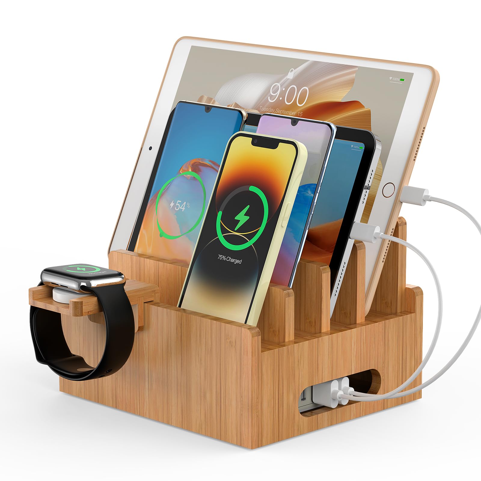 Pezin & Hulin Bamboo Charging Stand, Dock Organizer for Multi Devices, Cell Phone, Tablets, Smart Watch, with Pack 5 Cables, No Power Charger Block