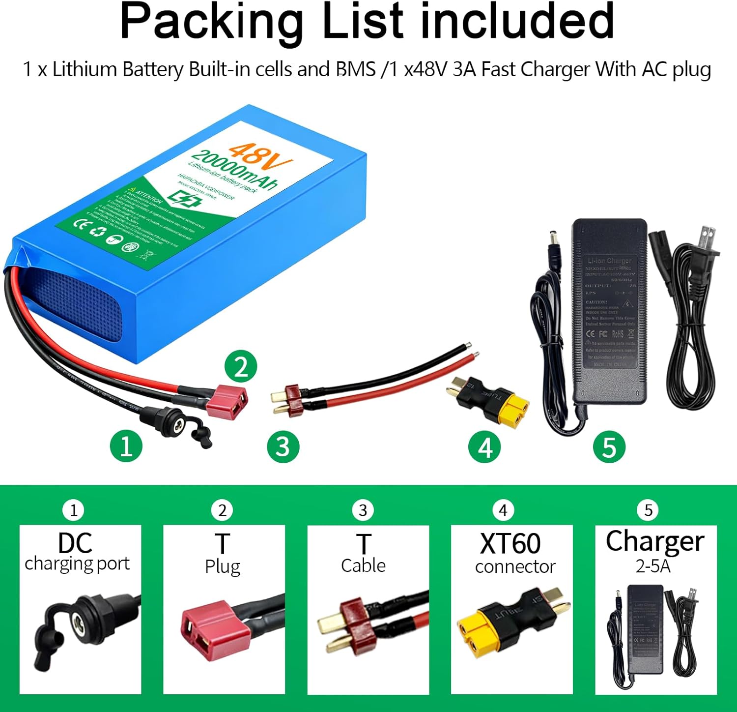 48V Battery, 13AH 15AH 20AH Battery with 40A BMS for 0-1500W Motor, with 3A Char-ger, XT60/T-Plug, Connector (48V 20AH (200-1500W))