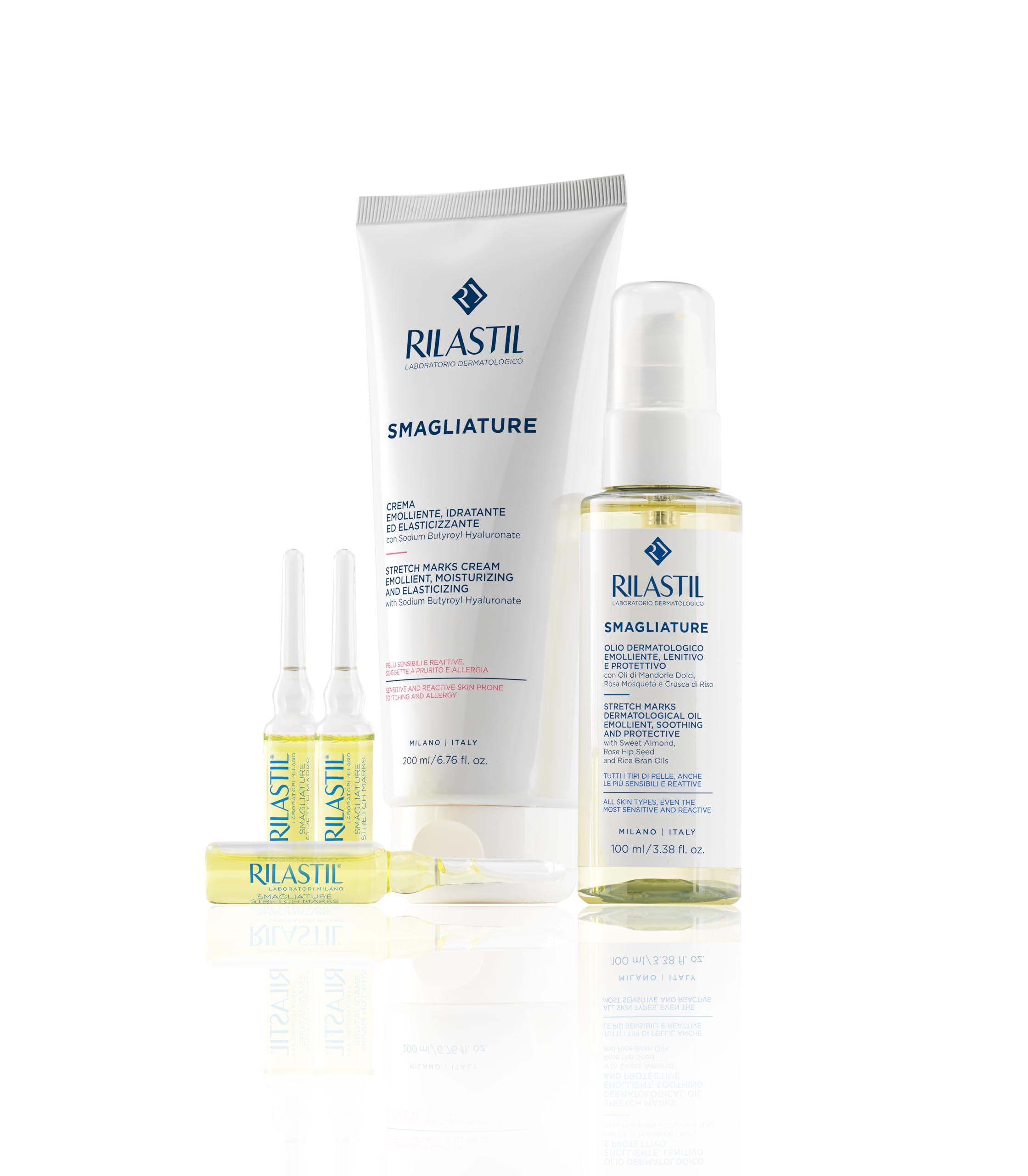 Rilastil, routine intensiva smagliature con Olio Smagliature, Crema Smagliature, Fiale Smagliature