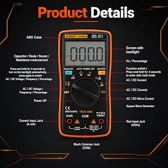 AN8008 True-RMS Digital Multimeter - 6000 Counts AC/DC Voltage Current Tester, Measures Resistance, Diode, Continuity, Large Backlit LCD, Safety Protection for Home & Automotive Use