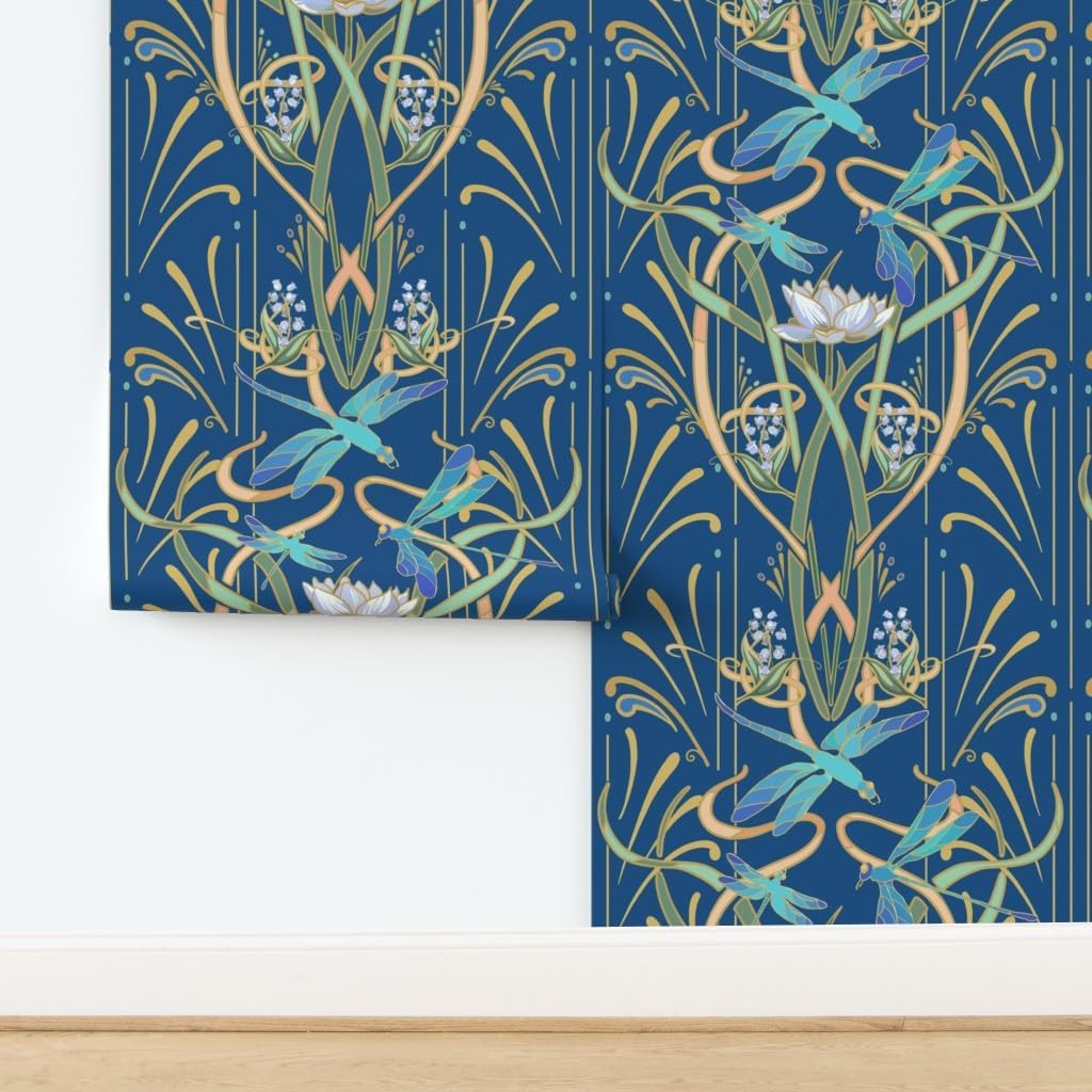 Spoonflower Removable Wallpaper 3ft x 2ft - Art Nouveau Dragonflies Classic Blue Classy Deco Custom Pre-Pasted Wallpaper