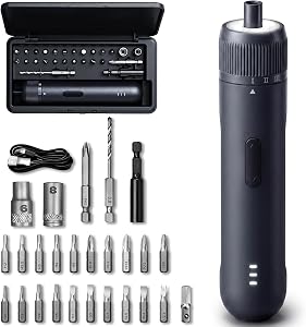 26-Piece Cordless Electric Screwdriver Set with Case, 5Nm | 3-gear torque (2/3/5Nm), 8Nm manual mode, auto-stop, 2000mAh power driver, 360° LED light, for electronics, home repair