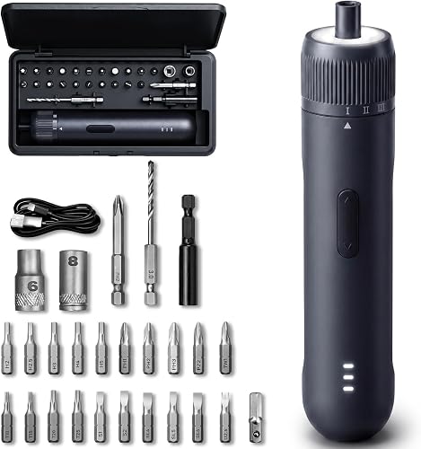 26-Piece Cordless Electric Screwdriver Set with Case, 5Nm | 3-gear torque (2/3/5Nm), 8Nm manual mode, auto-stop, 2000mAh power driver, 360° LED light, for electronics, home repair