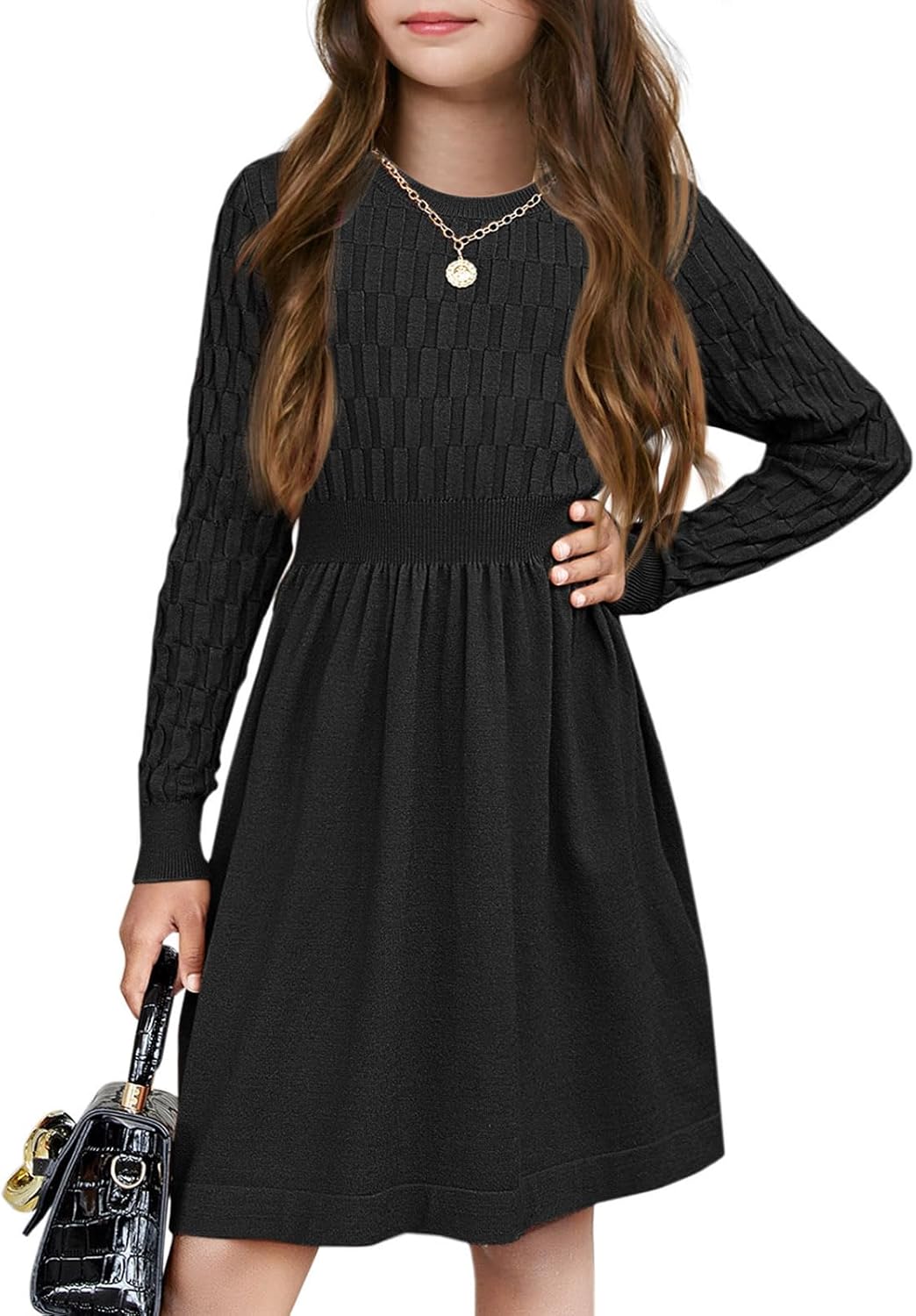 Meikulo Girls Textured Knit Sweater Dress Kids Long Sleeve A-line Fall Dresses 3-12 Years