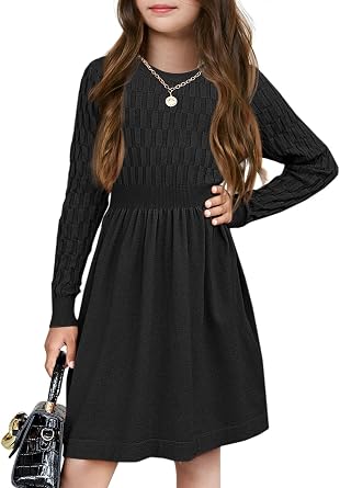 Meikulo Girls Textured Knit Sweater Dress Kids Long Sleeve A-line Fall Dresses 3-12 Years