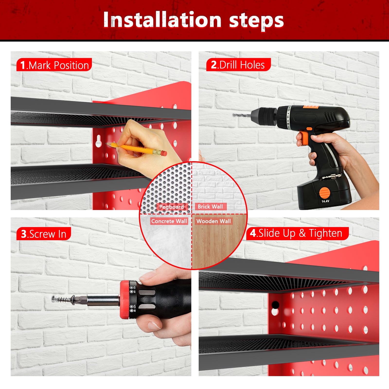 Organizer per utensili elettrici da parete a 4 strati, per l'organizzazione del garage, organizer per attrezzi da garage e stoccaggio con 4 supporti per trapano, 1 supporto per cacciavite, scaffale