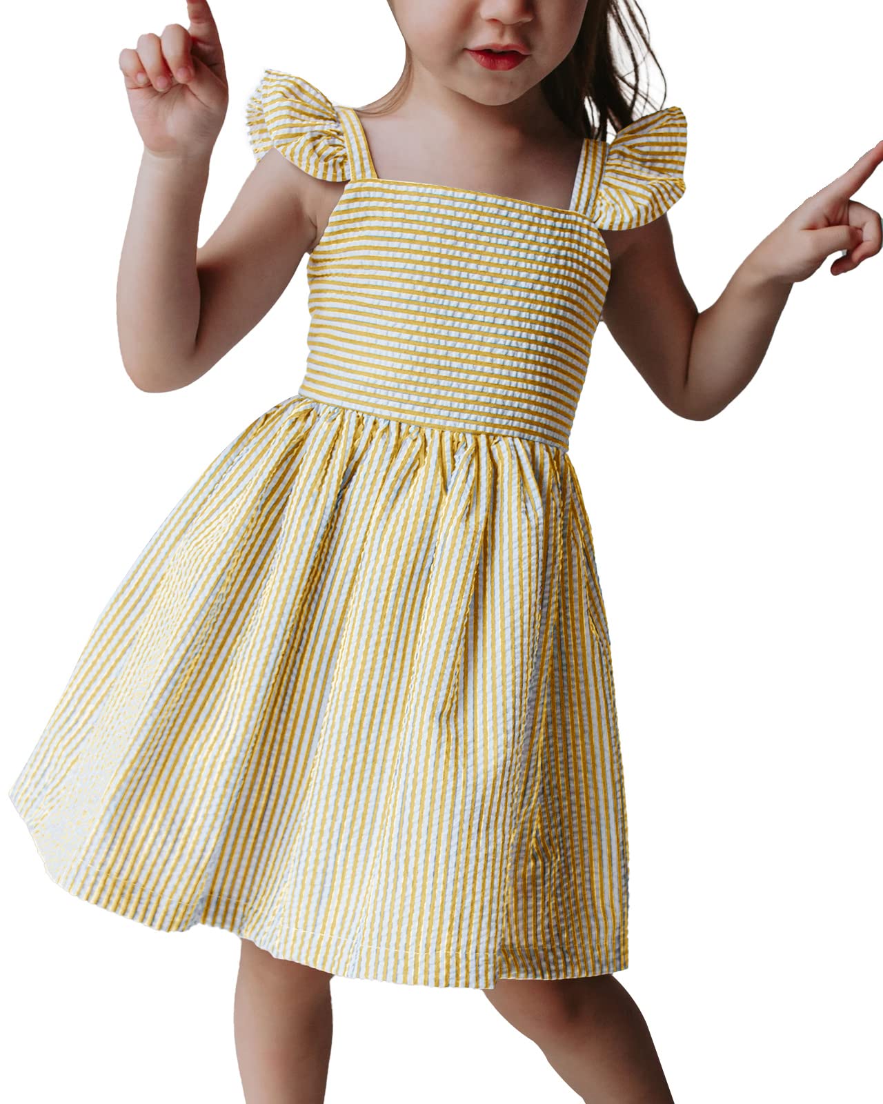 Saodimallsu Vestito estivo da bambina, con spalline sottili, abito da spiaggia, prendisole primaverile, per bambini, a righe, con maniche a volant