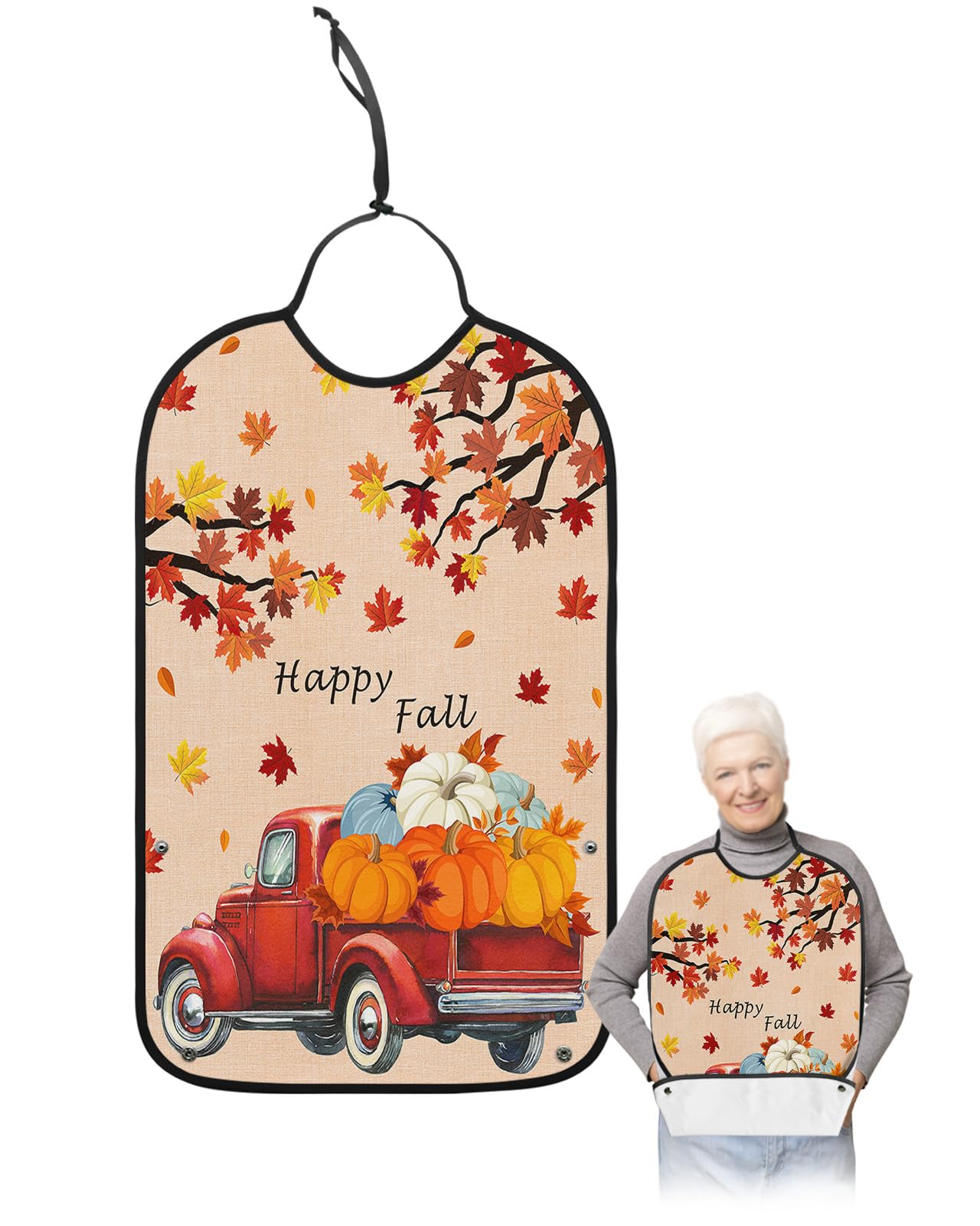 Red Truck Pumpkins Adult Bib for Eating with Crumb Catcher,Washable & Waterproof Terry Cloth Adjustable Elderly Women Men Adult Bibs Funny Clothing Protector Thanksgiving Fall Orange Leaves Teal Gold