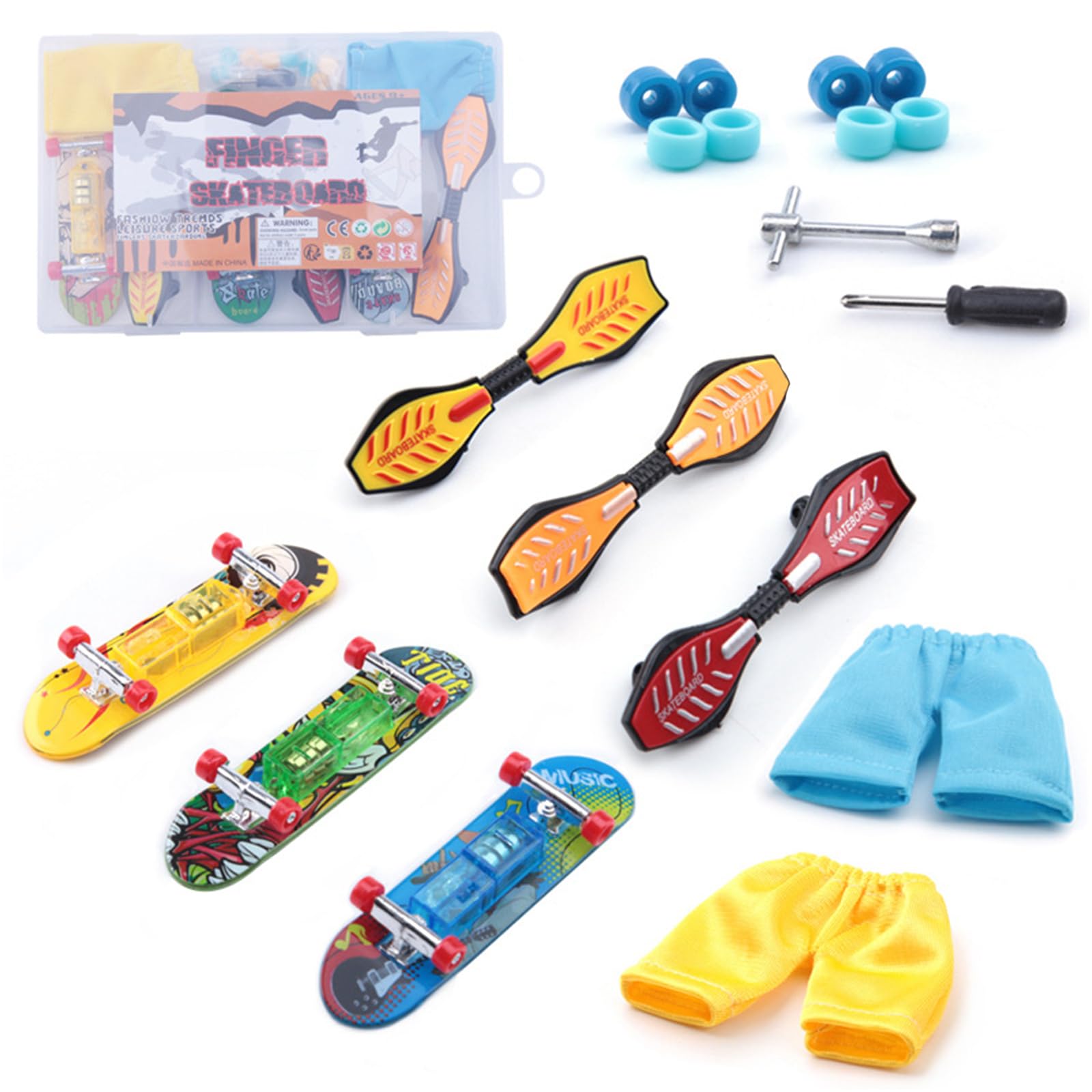 18Pcs Finger Skateboards, LED Light Up Mini Skateboards for Finger, Mini Finger Scooters with Tools & Pants, Random Colour Rolling Finger Toys for Skate Fans