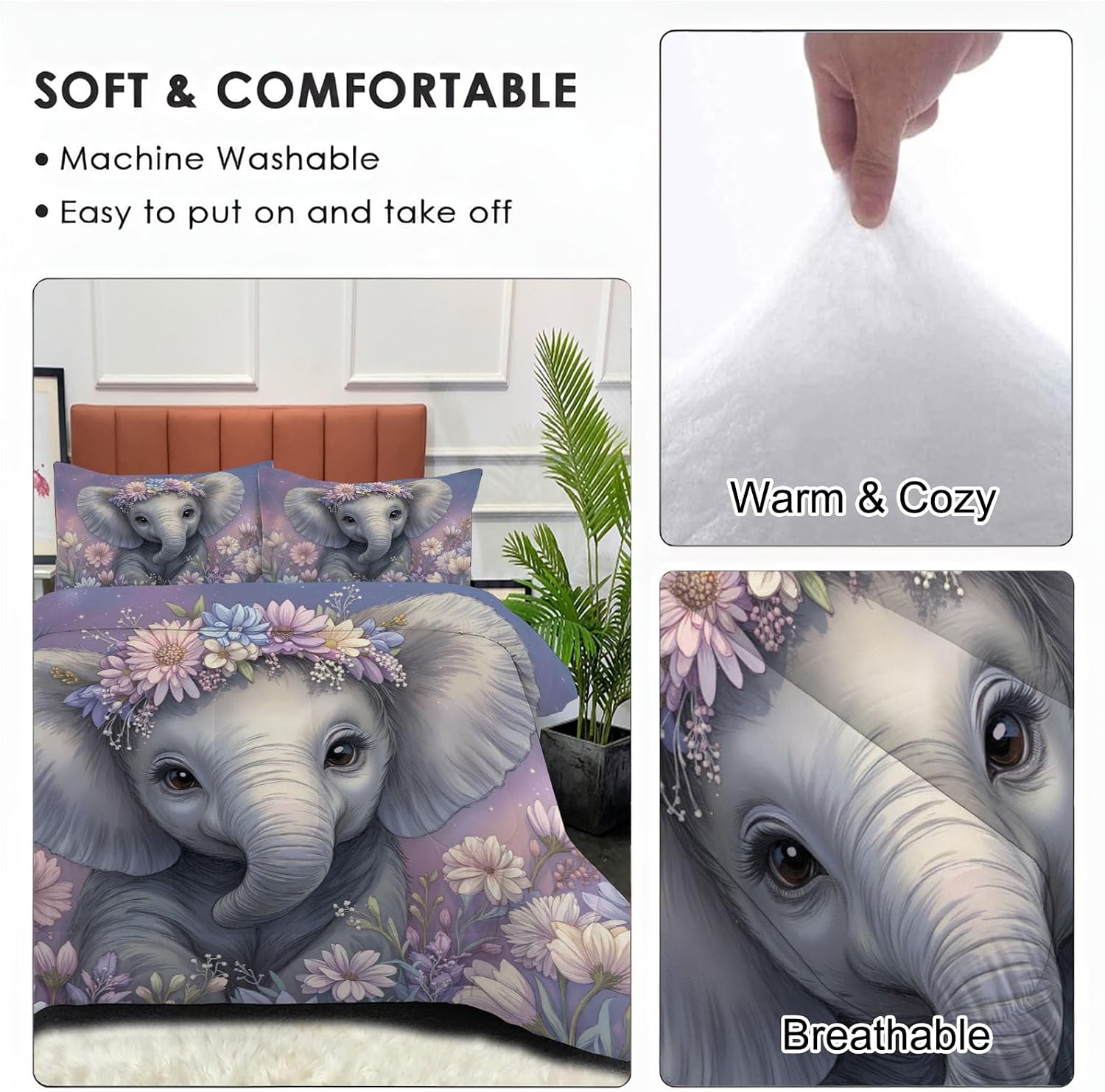 Kids 90" x 90" Coverless Duvet for All Seasons, Reversible Washable 3 Quilt with Cartoons Animals Patterns, Purple Comforter with 2 Pillowcases 50x75cm, Queen