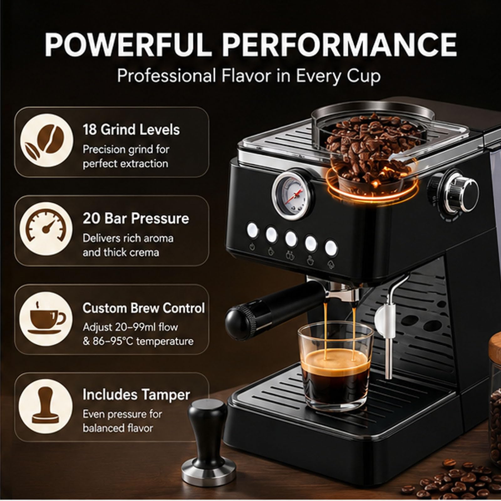 Macchina per caffè espresso automatica con macinino, macchina da caffè da 20 bar, 18 impostazioni di macinazione, capacità 3,5 l, volume e temperatura regolabili, facile pulizia per espresso, latte