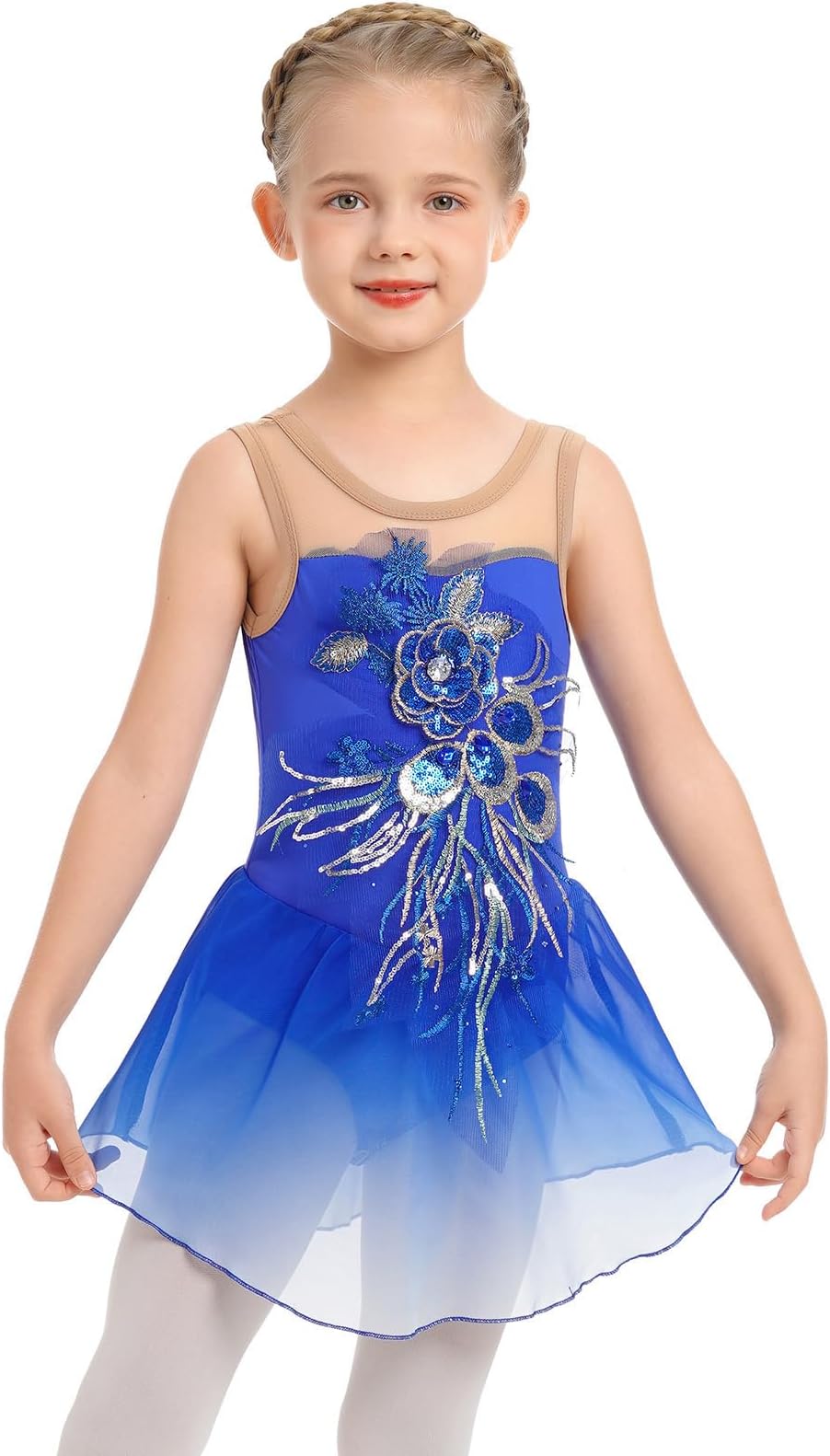 Figure Skating Dress for Girls - Sequin Flower Mesh Ice Skating Ballet Dance Leotard for Competition Costume