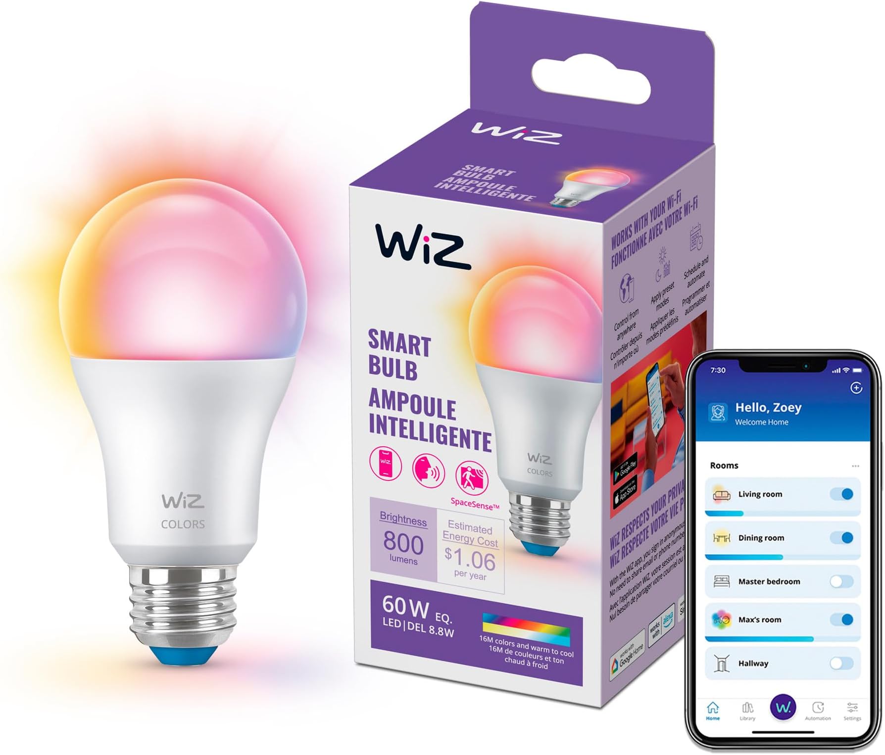 WiZ Connected 60W A19 LED Smart Light Bulbs - Connects to Your Wi-Fi - E26 Smart Bulb - Control with Voice or App + Activate with Motion - Matter Compatible - 1 Pack
