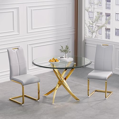 Miniatura 16 de Juego de mesa de comedor redonda de vidrio de 5 piezas, juego de mesa de comedor redonda de vidrio para 4 mesas de cocina con 4 sillas tapizadas de