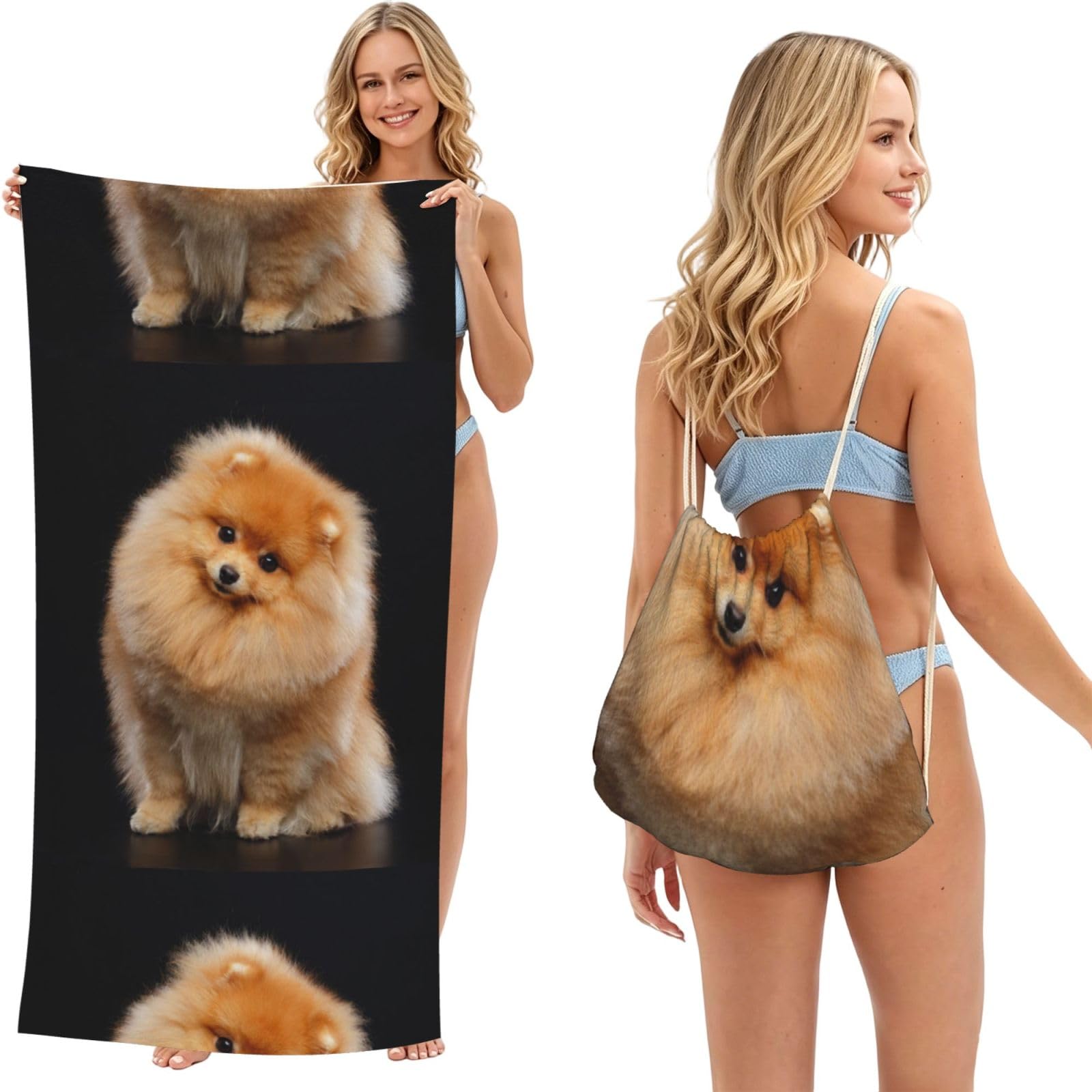 Poadnly As Picture Pomeranian Dog Puppy Cute, 2 In 1 Packable Towel Bag, Beach Towels With Drawstring Backpack For Travel Holiday Camping