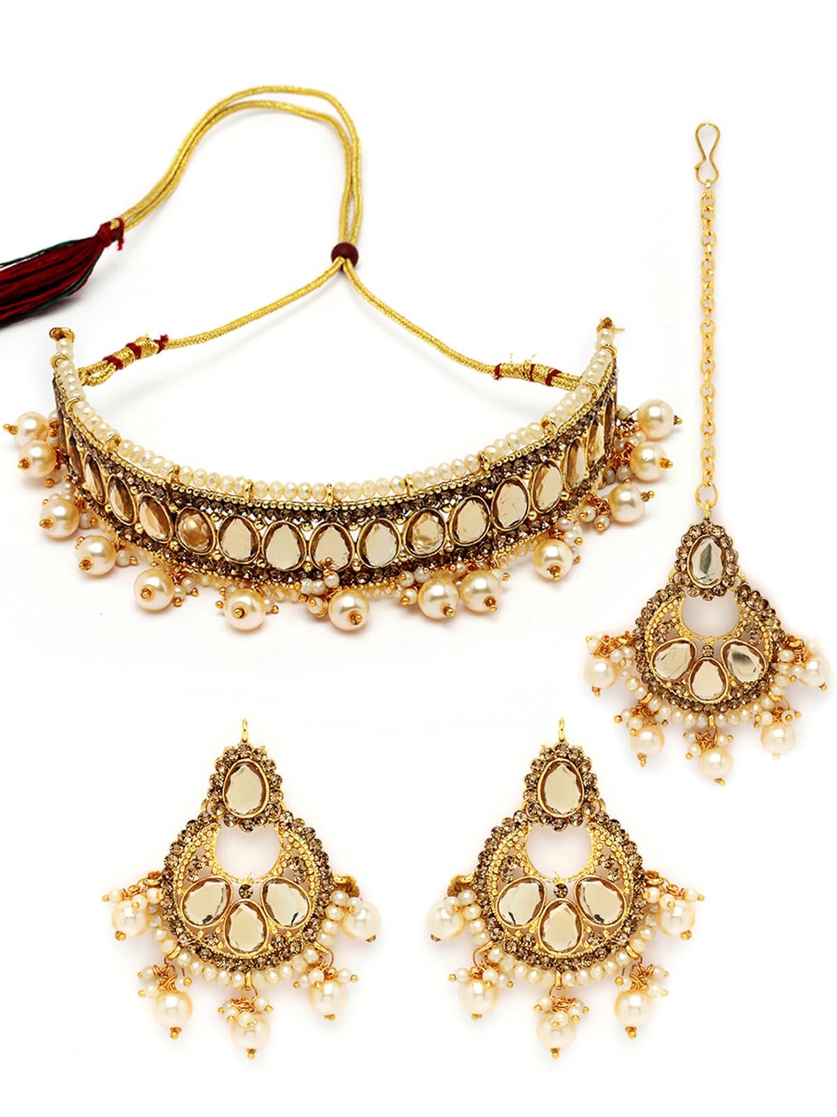 SukkhiExciting Gold Plated White Kundan & Beads Studded Choker Necklace Set For Women