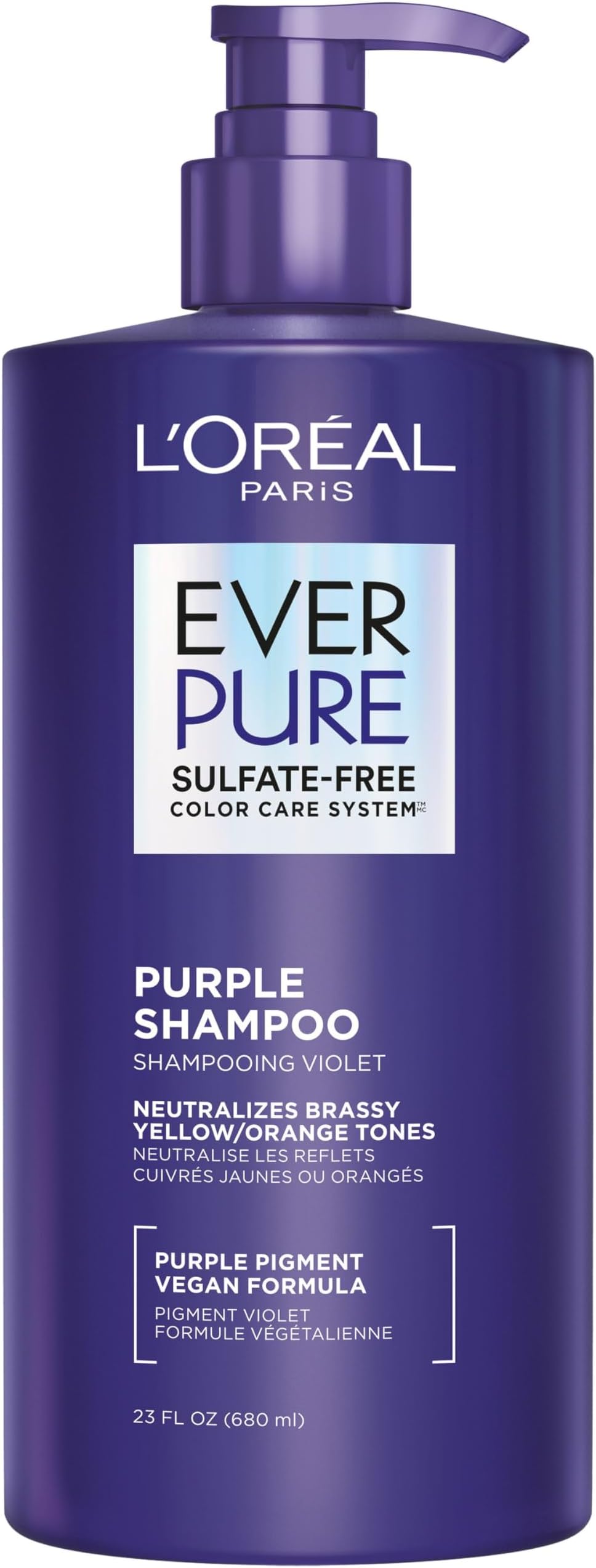 L’Oréal Paris Sulfate Free Brass Toning Purple Shampoo for Blonde, Bleached, Silver, or Brown Highlighted Hair, EverPure, 23 Fl Oz (Packaging May Vary)