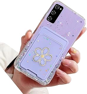 Rnrieyta Miagon Glitter Wallet Transparent Case for Samsung Galaxy A02S,Card Slot Bumper Slim Fit Bling Star Soft Cover with Cute Flower Card Holder,Purple