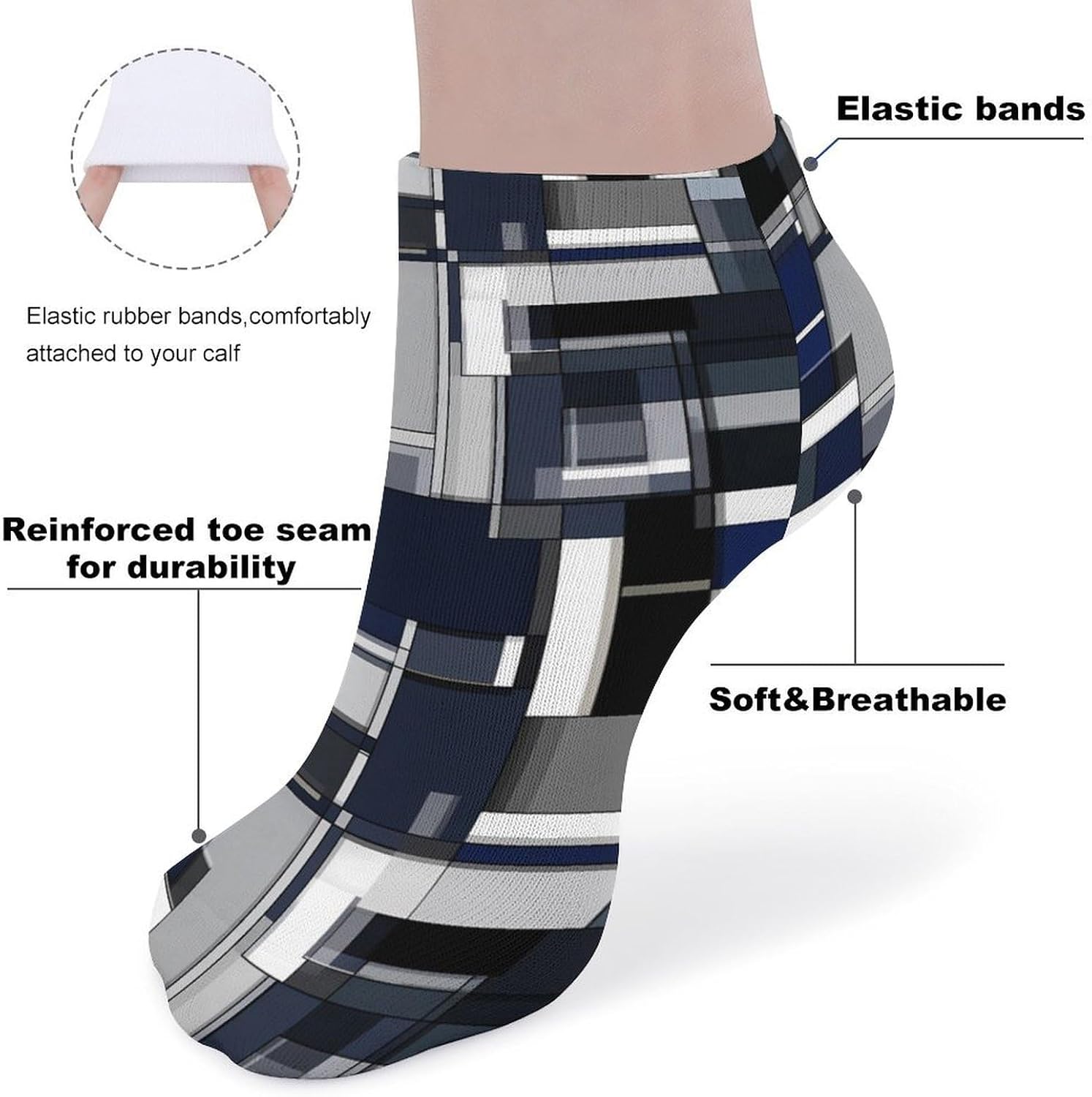 Mondrian Style Navy Blue Irregular Socks for Men Women 5 Pairs Ankle Socks