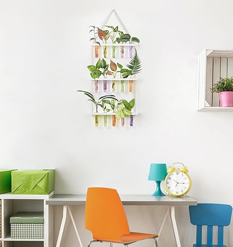 Miniatura 9 de Mkono Tubos de propagación de plantas, terrario colgante de pared de 3 niveles con soporte de madera, mini tubo de ensayo, florero de flores, Marrón