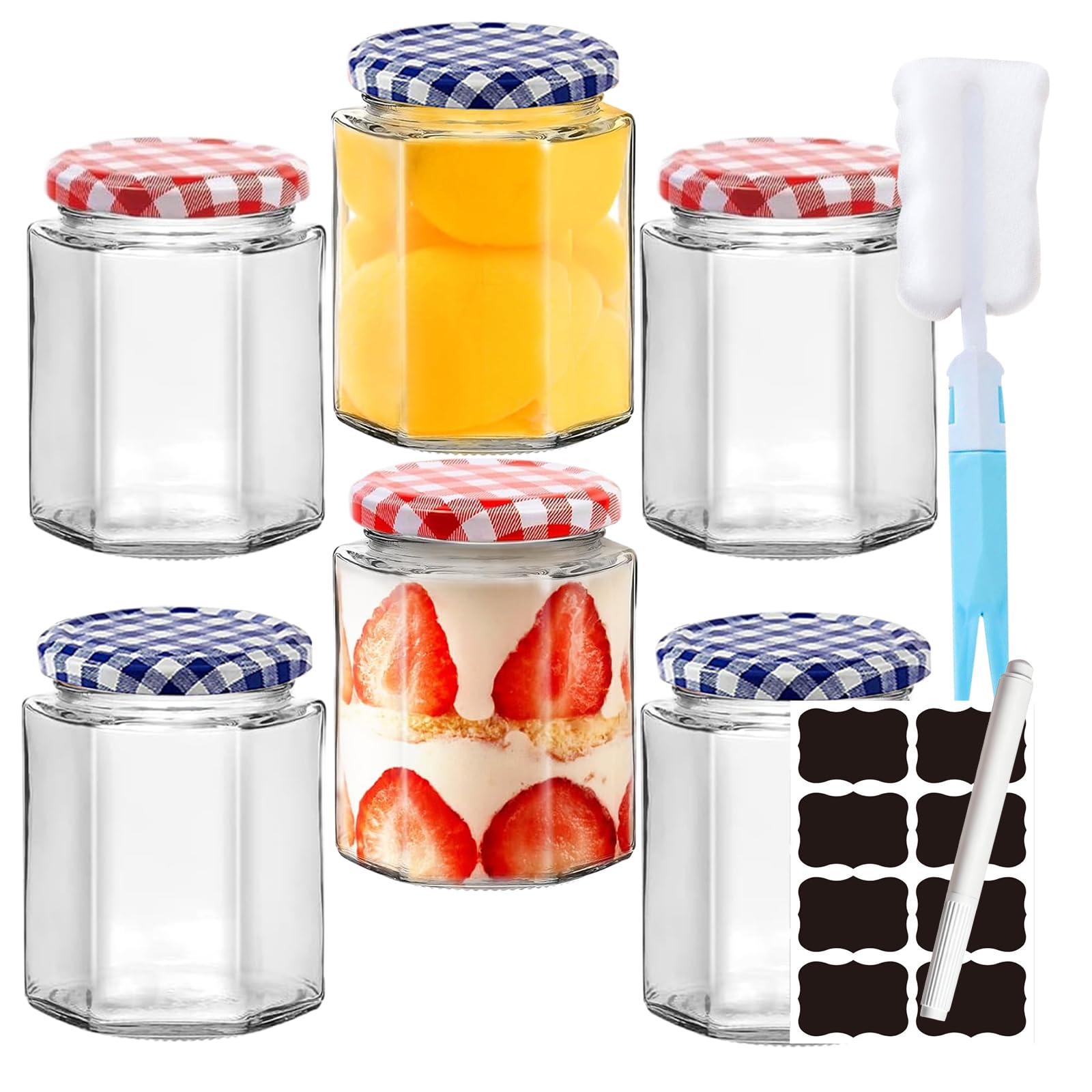 Meetoz Red, Blue Glass Jam Jars,6 Pack 280Ml / 9Oz Hexagonal Storage Glass Jars,With Screw Top Red And Blue Gingham Lids Glass Preservation Jar Equipped With Brushes And Stickers